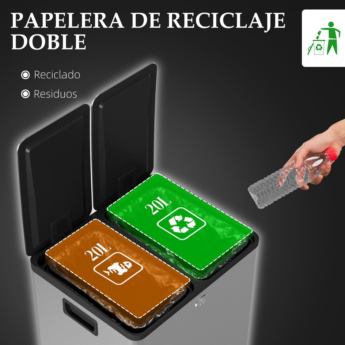 HOMCOM Cubo de Basura de Cocina con 2 Compartimentos 2x20L Papelera Cocina de Acero Inoxidable con Pedal Tapas de Cierre Suave y Cubo Extraíble para Reciclaje Residuos Restos de Comida Plata