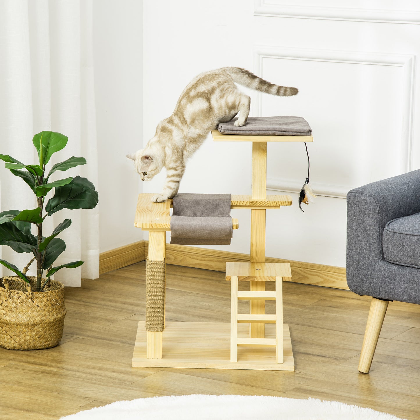 PawHut Árbol Rascador para Gatos de Madera Altura 65 cm con Plataformas Poste de Yute Hamaca Escalera Cojín Extraíble de Tela Oxford y Juguete Colgante para Interior y Exterior Natural