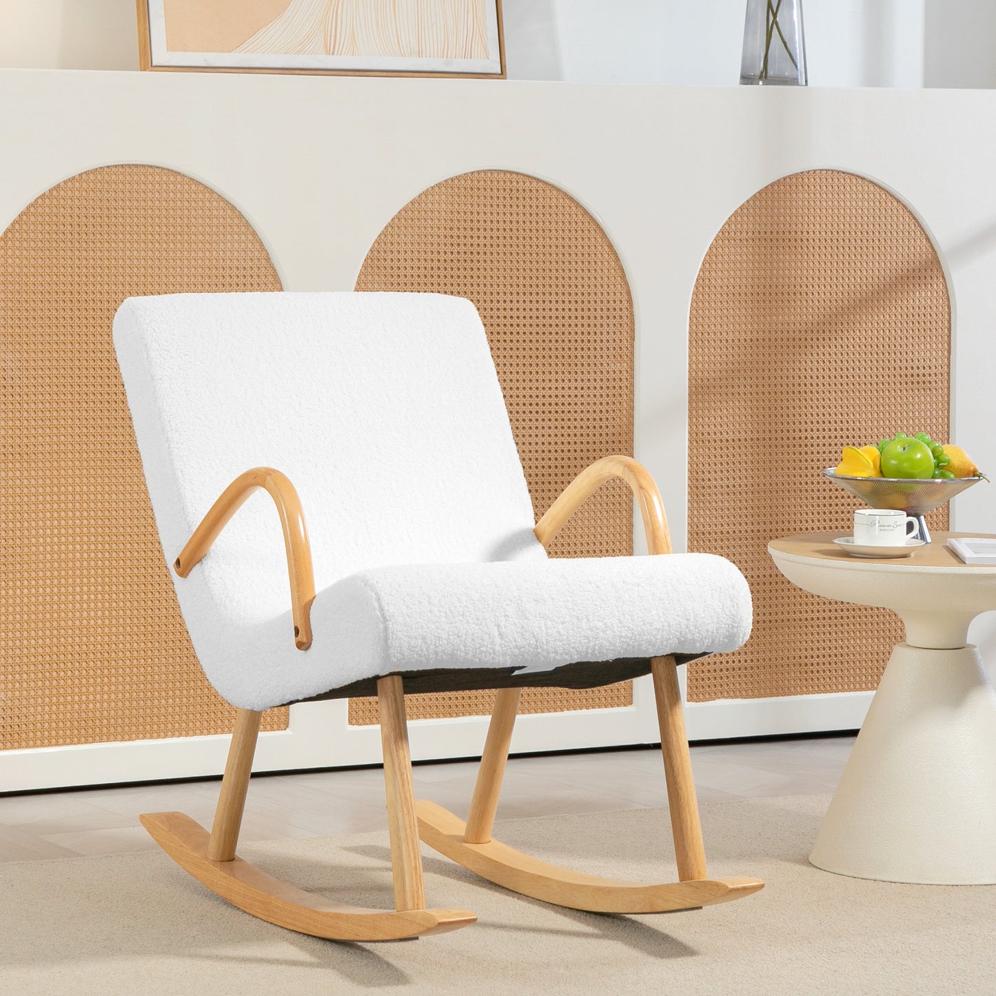 HOMCOM Silla Mecedora Moderna Mecedora de Salón con Reposabrazos y Patas de Madera Carga 120kg Sillón de Relax para Dormitorio Balcón 60x93x86 cm Blanco