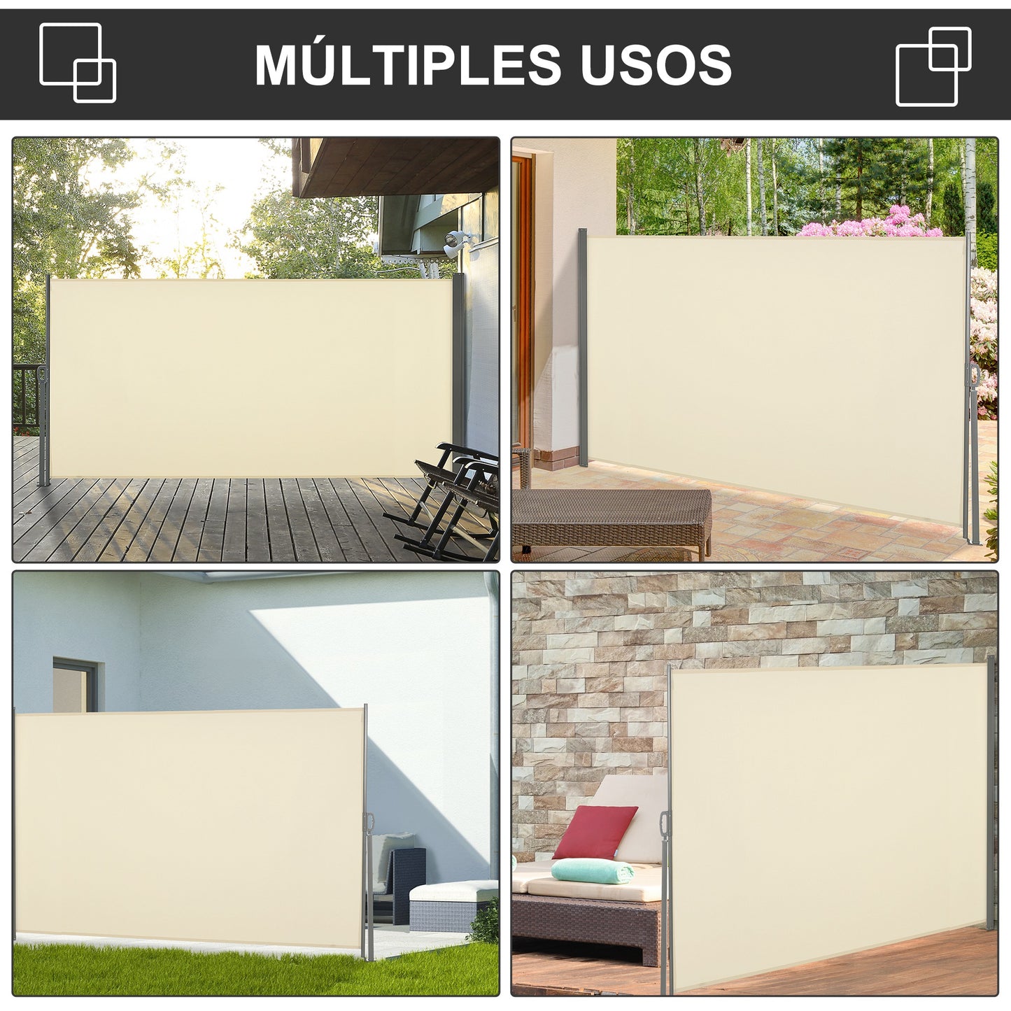 Outsunny Toldo Lateral Retráctil 300x160 cm Pantalla Enrollable Mampara de Privacidad Impermeable y Anti-UV Protege la Privacidad para Jardín Balcón Terraza Crema