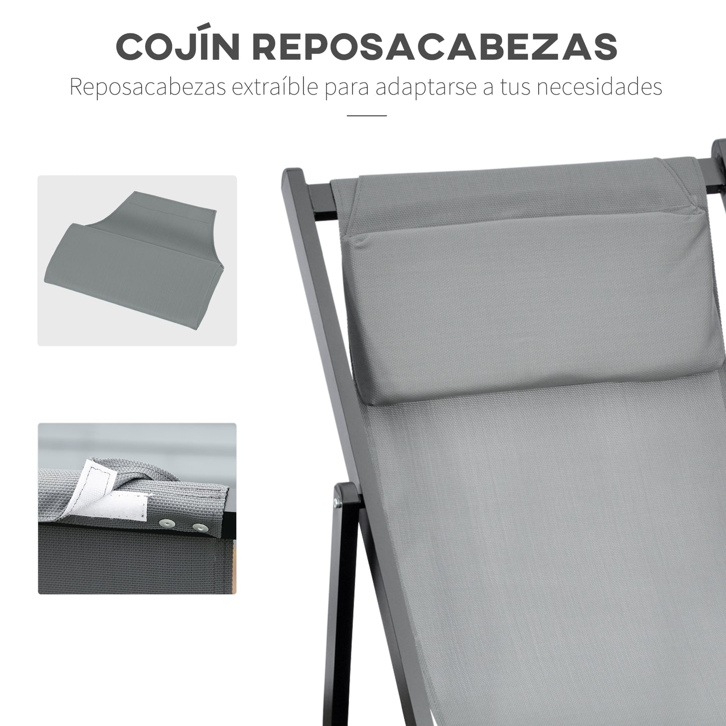 Outsunny Conjunto de 2 Tumbonas Plegables de Aluminio Tumbonas de Jardín con Respaldo Regulable en 5 Posiciones y Reposacabezas para Terraza Patio Exterior 58x96,5x91,5 cm Gris