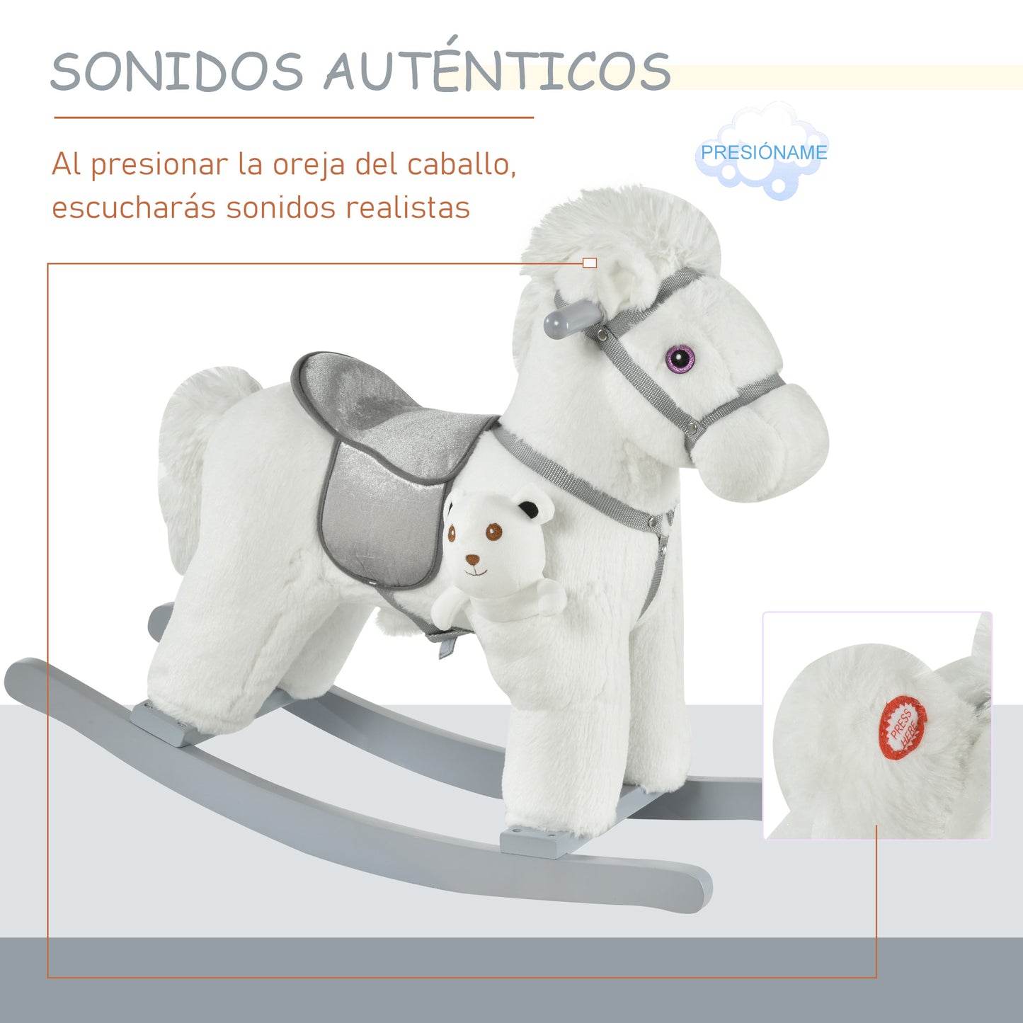 HOMCOM Caballito Balancín con Felpa con Osito de Peluche para Niños 18-36 Meses Caballo Mecedora Sonidos de Relincho y Galope Base de Madera Asiento 35 cm Carga 30 kg 65x26x55 cm Blanco