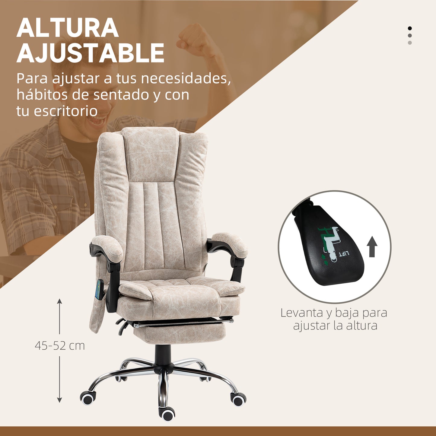 Vinsetto Silla de Masaje con 6 Puntos de Masaje Silla de Oficina Giratoria Silla de Escritorio Reclinable con Altura Ajustable Función de Calefacción Reposapiés Retráctil y Control Remoto Crema