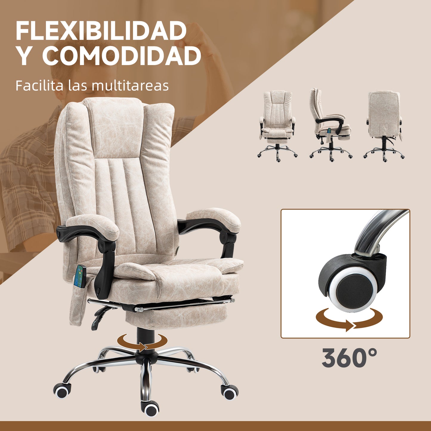 Vinsetto Silla de Masaje con 6 Puntos de Masaje Silla de Oficina Giratoria Silla de Escritorio Reclinable con Altura Ajustable Función de Calefacción Reposapiés Retráctil y Control Remoto Crema