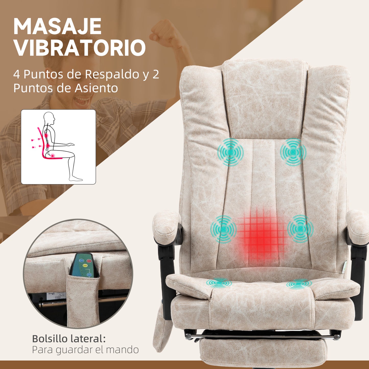 Vinsetto Silla de Masaje con 6 Puntos de Masaje Silla de Oficina Giratoria Silla de Escritorio Reclinable con Altura Ajustable Función de Calefacción Reposapiés Retráctil y Control Remoto Crema