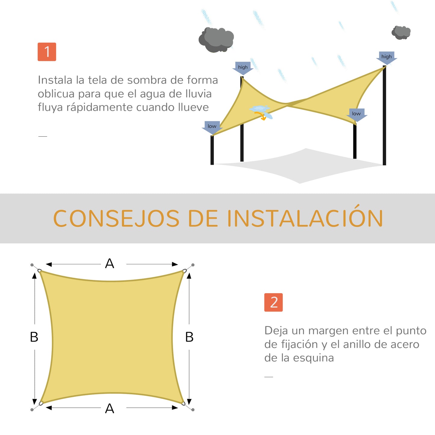 Outsunny Toldo Vela de Sombra Cuadrado 3x3 m Toldo de Terraza de Poliéster con Anillo de Acero Inoxidable y Cuerdas para Jardín Patio Arena