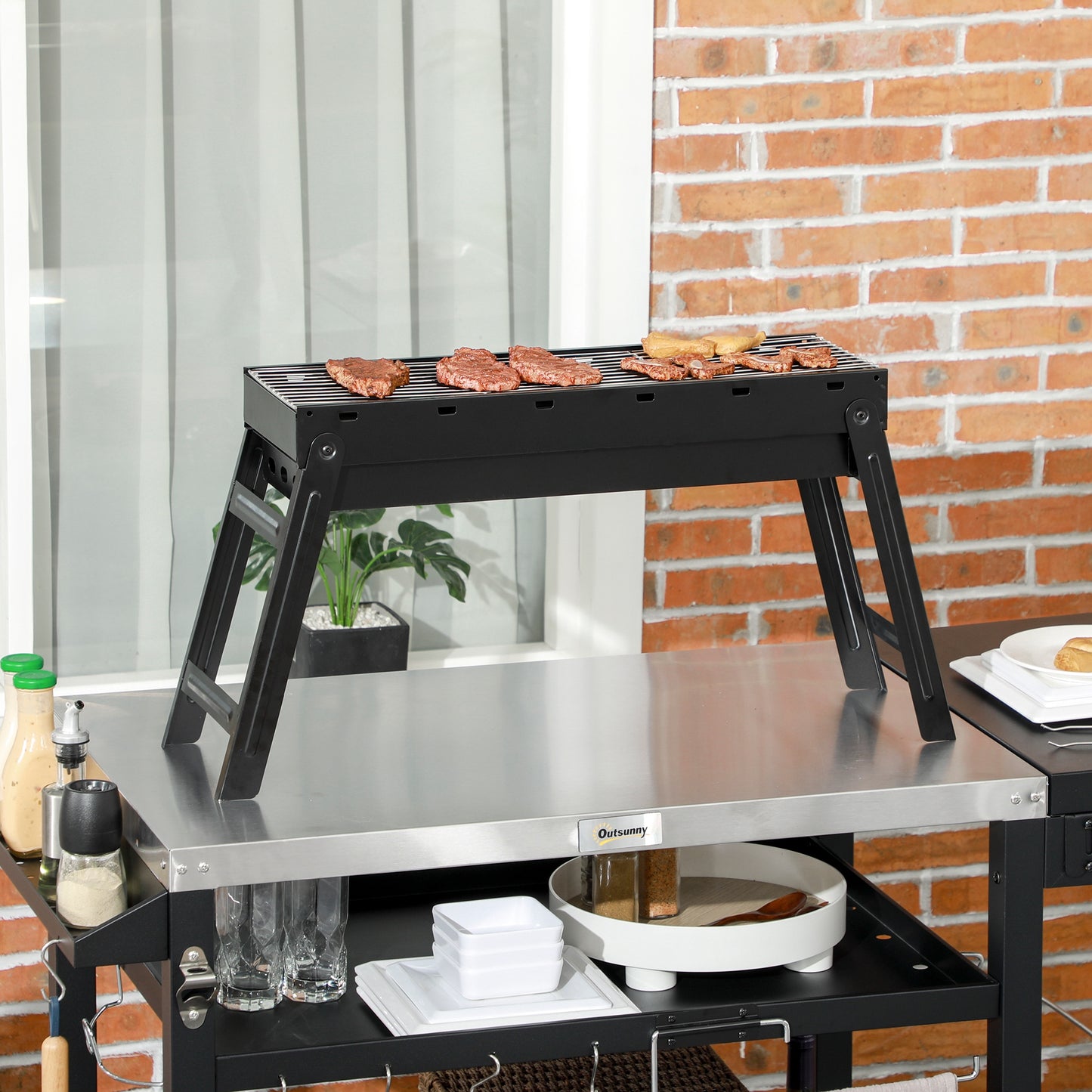 Outsunny Barbacoa de Carbón Plegable Barbacoa Portátil con Parrillas de Acero Inoxidable BBQ de Carbón para Exterior 74x20x38 cm Negro