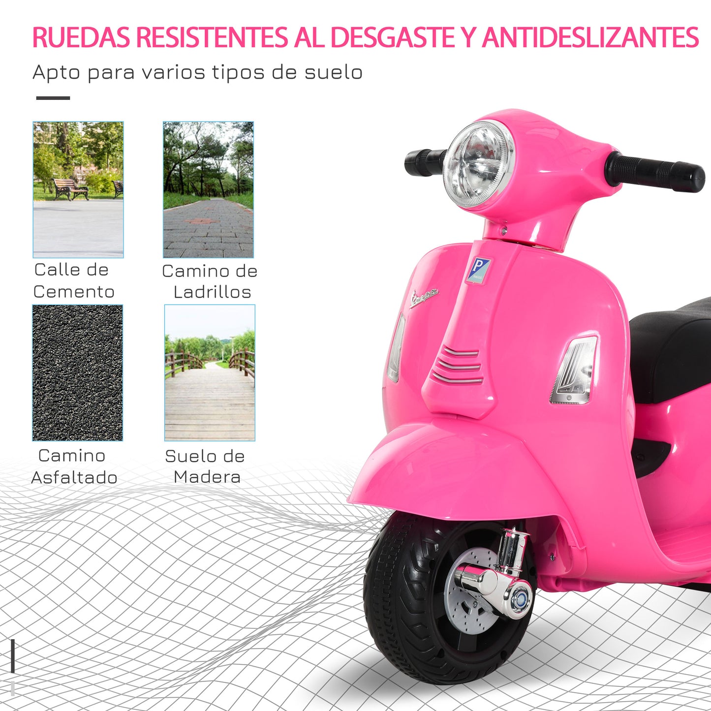 HOMCOM Moto Eléctrica Vespa para Niños de 18-36 Meses Moto de Batería 6V con Faro Bocina y 4 Ruedas Motocicleta Infantil con Licencia 66,5x38x52 cm Rosa