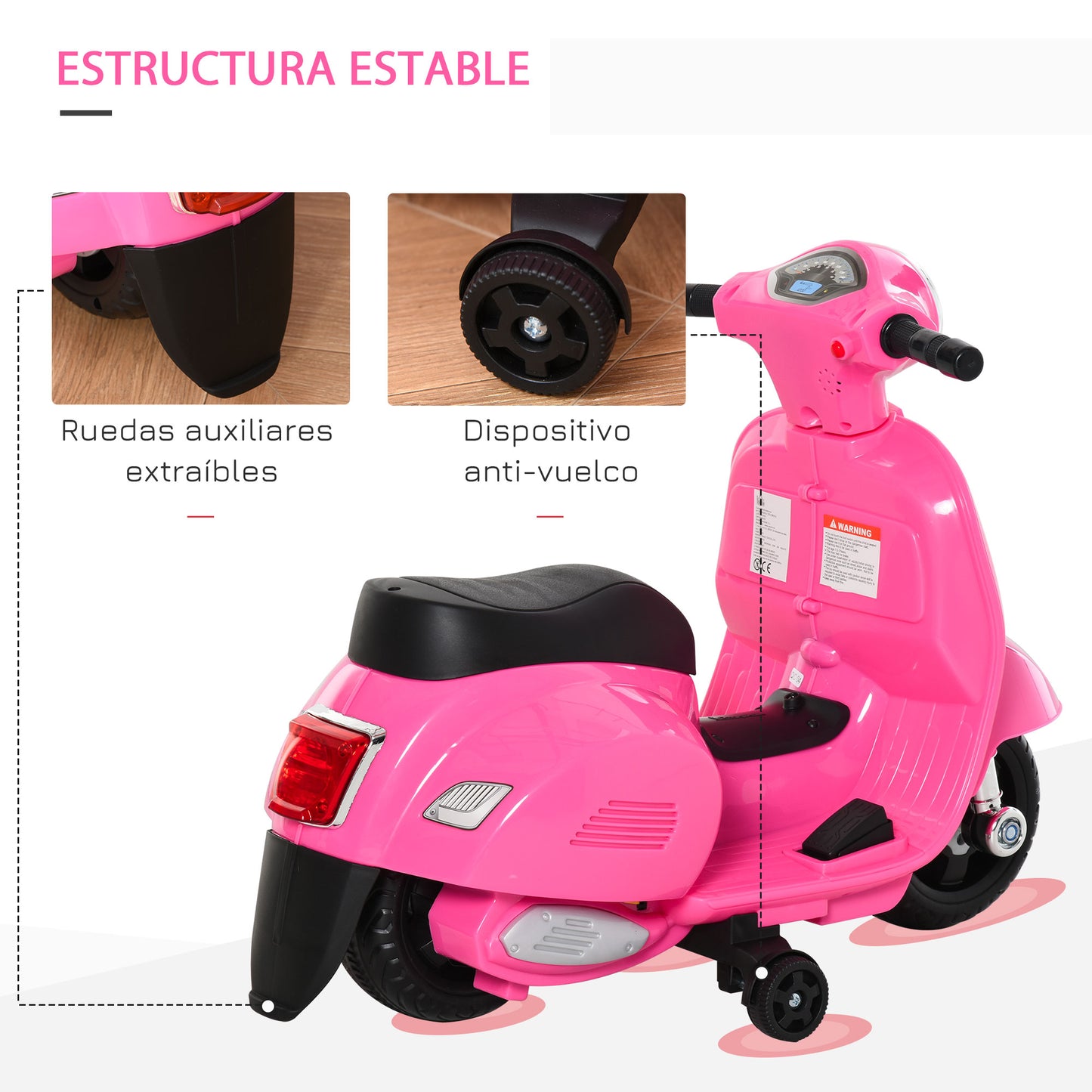 HOMCOM Moto Eléctrica Vespa para Niños de 18-36 Meses Moto de Batería 6V con Faro Bocina y 4 Ruedas Motocicleta Infantil con Licencia 66,5x38x52 cm Rosa