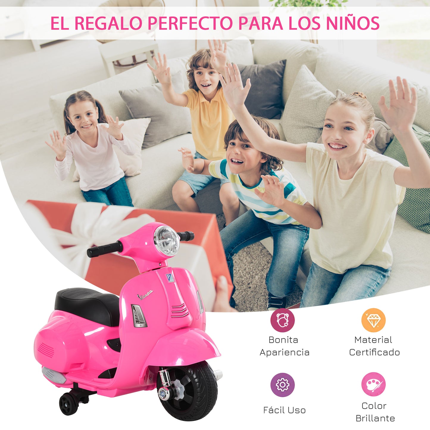 HOMCOM Moto Eléctrica Vespa para Niños de 18-36 Meses Moto de Batería 6V con Faro Bocina y 4 Ruedas Motocicleta Infantil con Licencia 66,5x38x52 cm Rosa