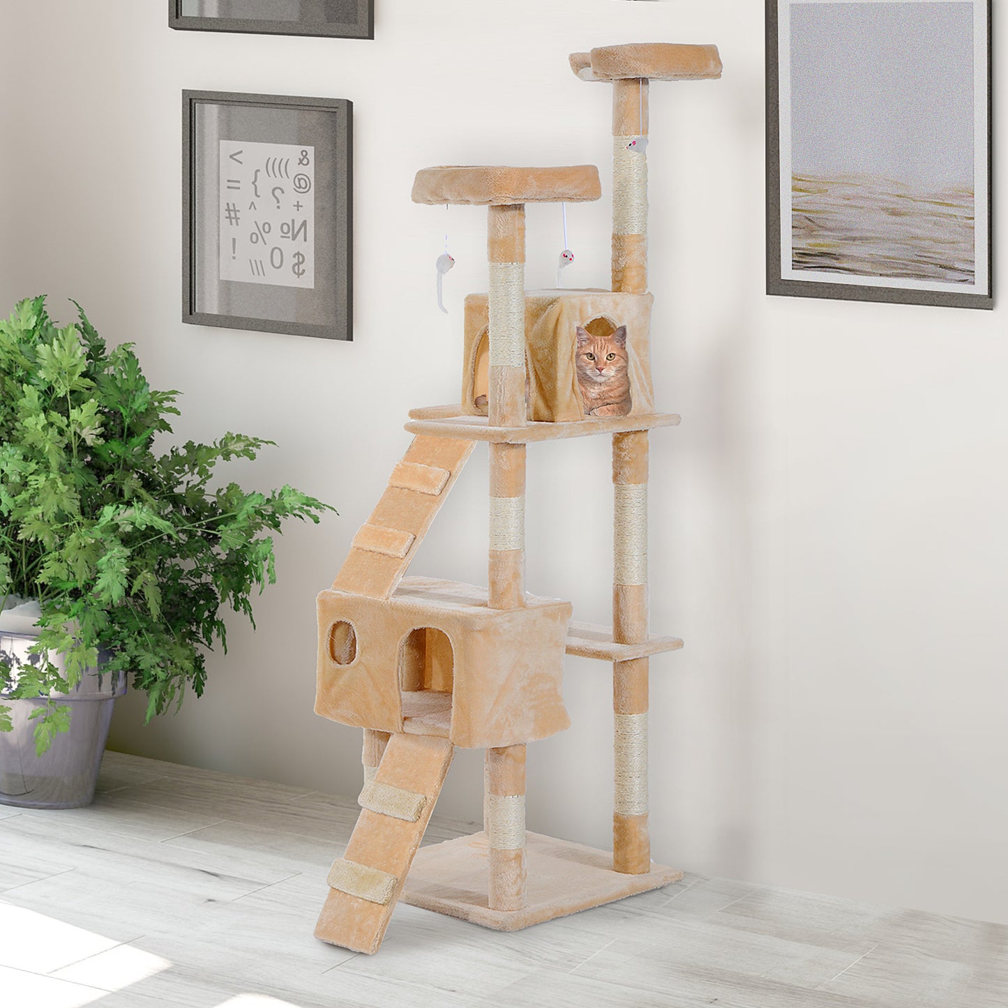 PawHut Árbol Rascador para Gatos Grande 49x49x173 cm con Múltiples Niveles con Cuevas Escaleras Juguetes Colgantes Camas Centro Actividades Sisal Beige