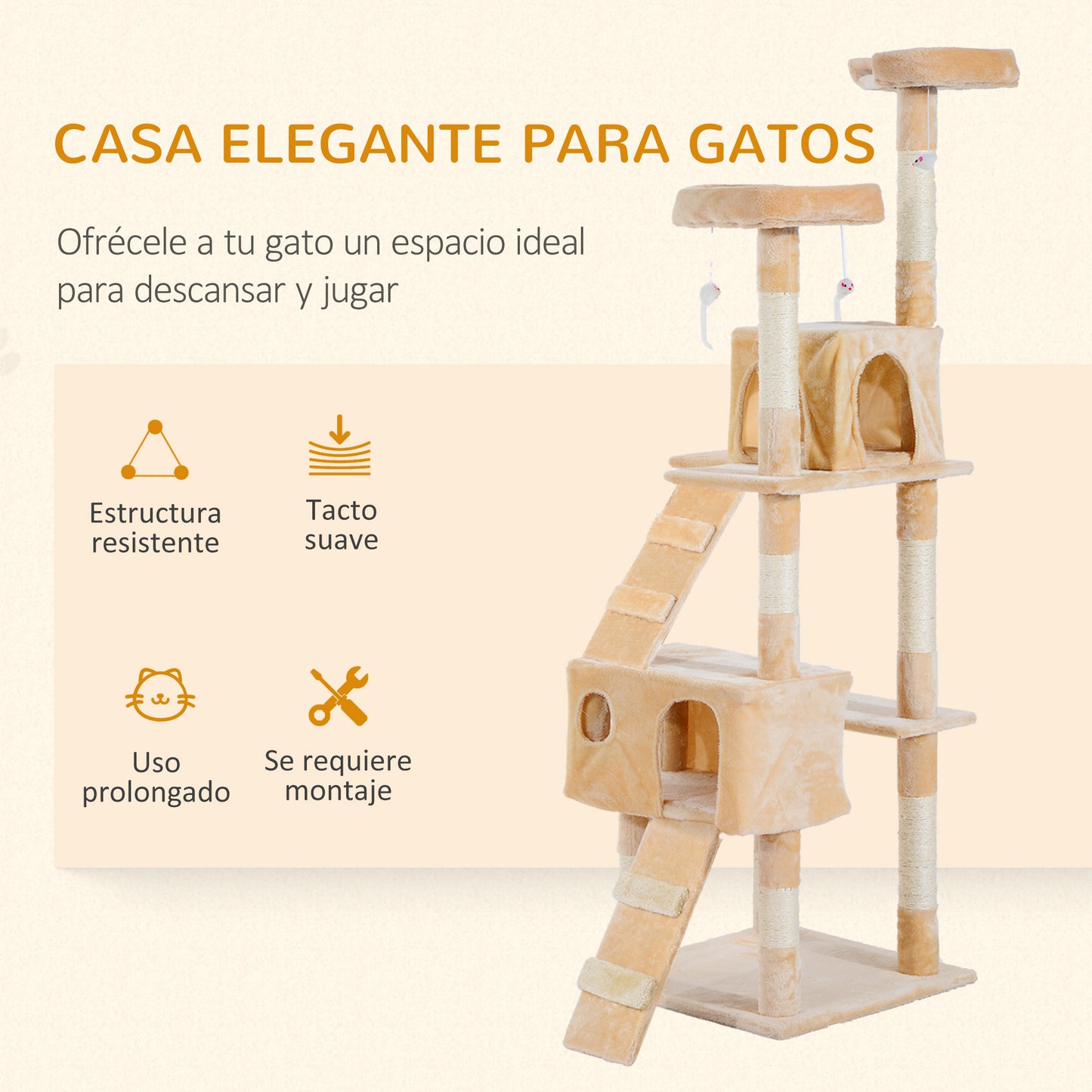 PawHut Árbol Rascador para Gatos Grande 49x49x173 cm con Múltiples Niveles con Cuevas Escaleras Juguetes Colgantes Camas Centro Actividades Sisal Beige