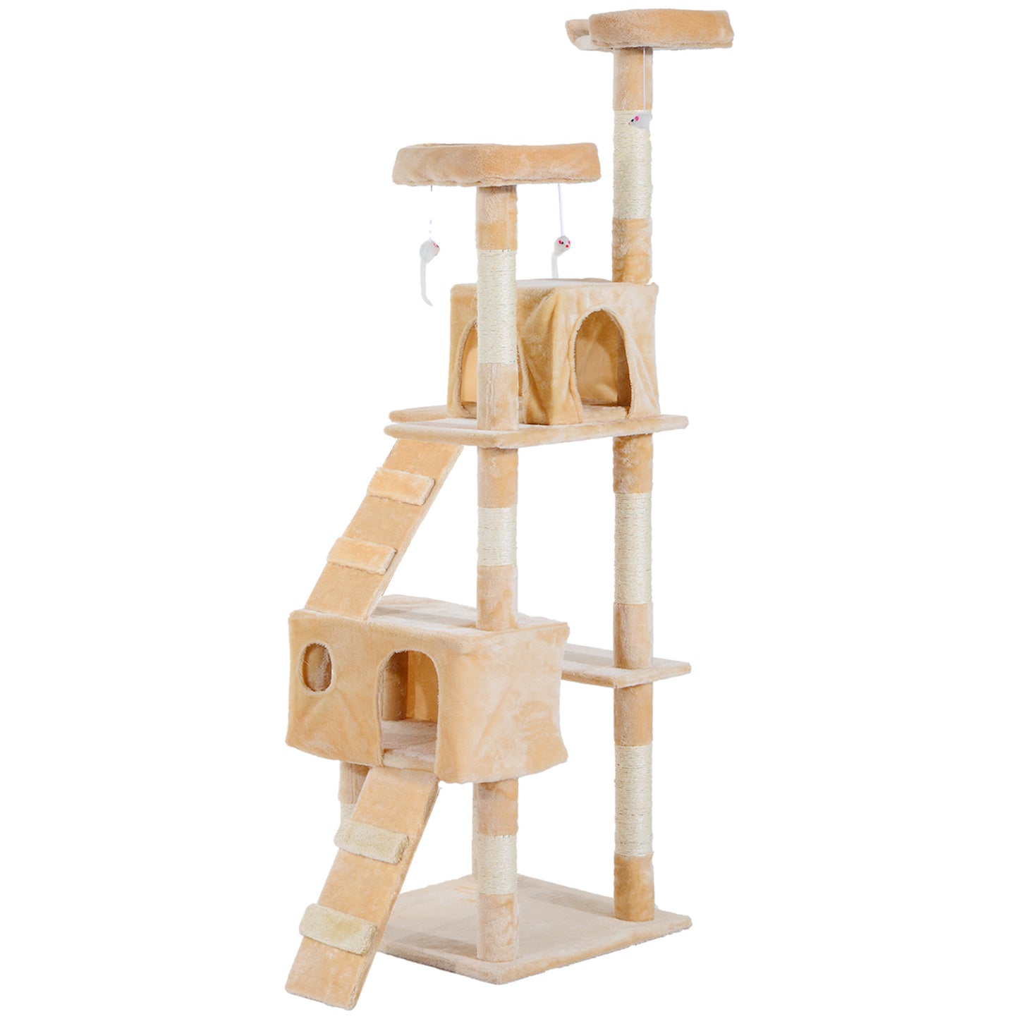 PawHut Árbol Rascador para Gatos Grande 49x49x173 cm con Múltiples Niveles con Cuevas Escaleras Juguetes Colgantes Camas Centro Actividades Sisal Beige