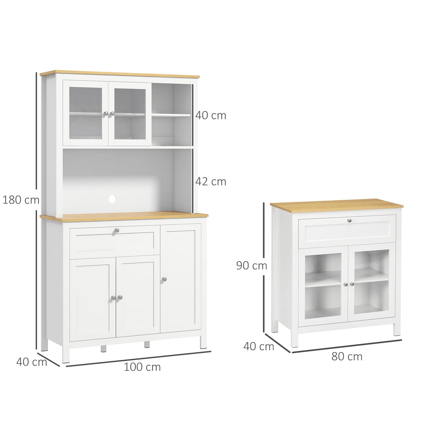 HOMCOM Conjunto de Cocina Juego de 1 Alacena de Cocina y 1 Aparador de Cocina con Cajón y Estante Ajustable Estilo Moderno para Salón Comedor 100x40x180 cm 80x40x90 cm Blanco