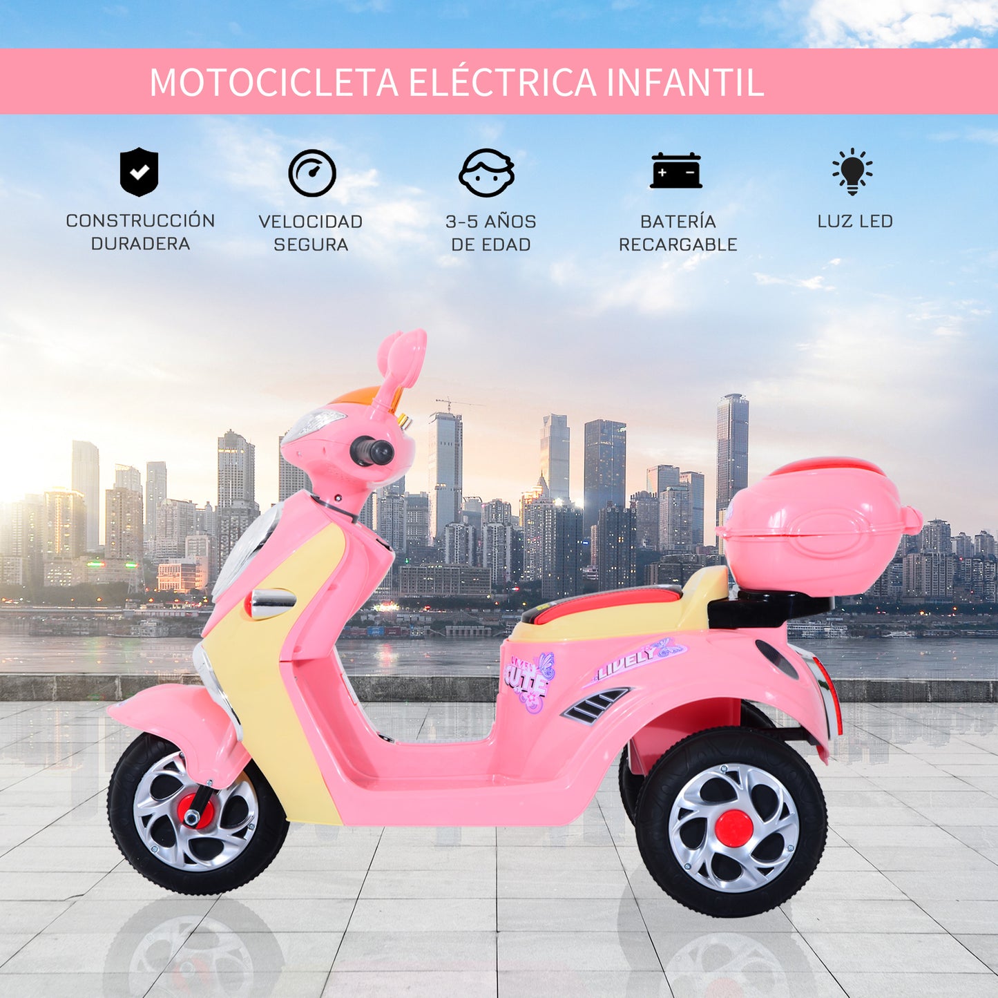 HOMCOM Coche Triciclo Moto Eléctrica Infantil Correpasillos a Batería Niños +3 años 6V Metal + PP 108x51x75cm Rosa