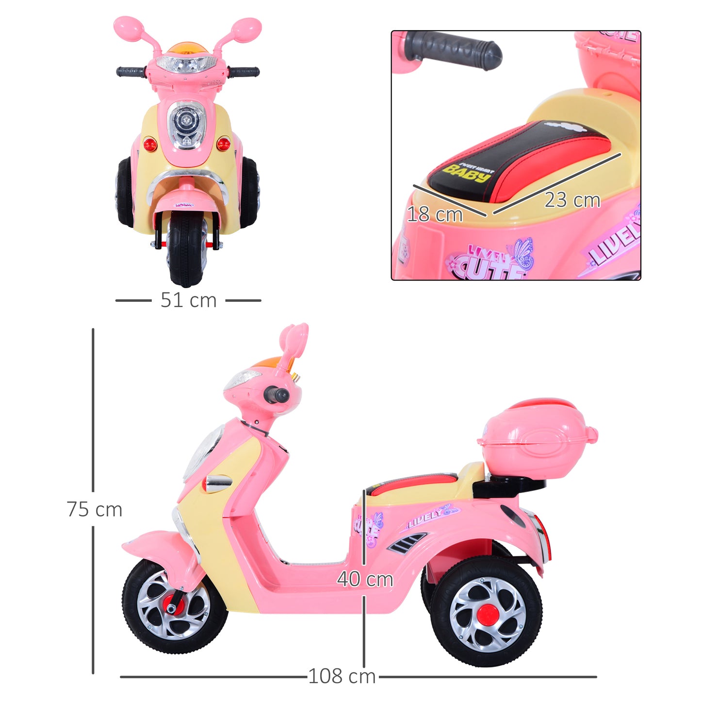 HOMCOM Coche Triciclo Moto Eléctrica Infantil Correpasillos a Batería Niños +3 años 6V Metal + PP 108x51x75cm Rosa