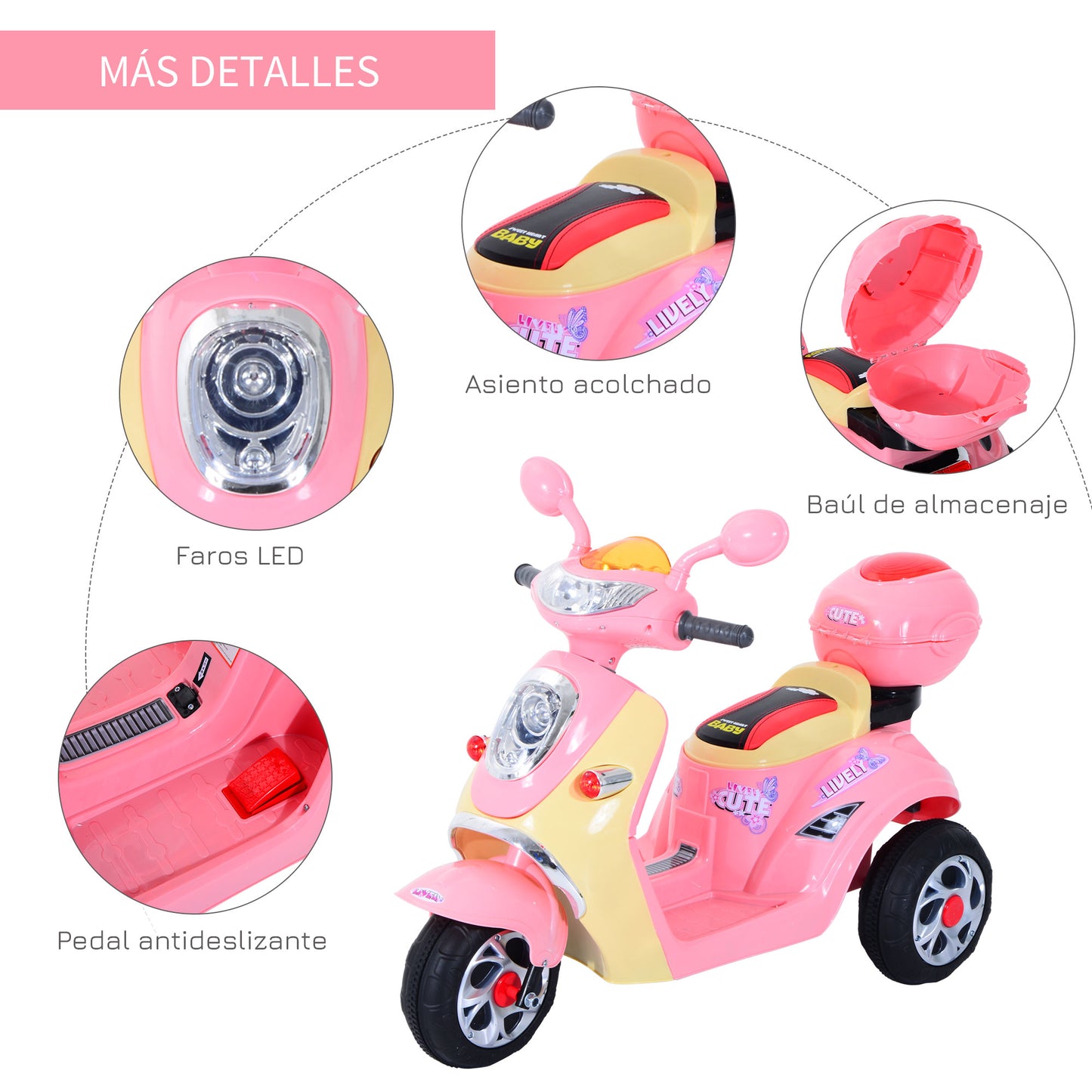 HOMCOM Coche Triciclo Moto Eléctrica Infantil Correpasillos a Batería Niños +3 años 6V Metal + PP 108x51x75cm Rosa