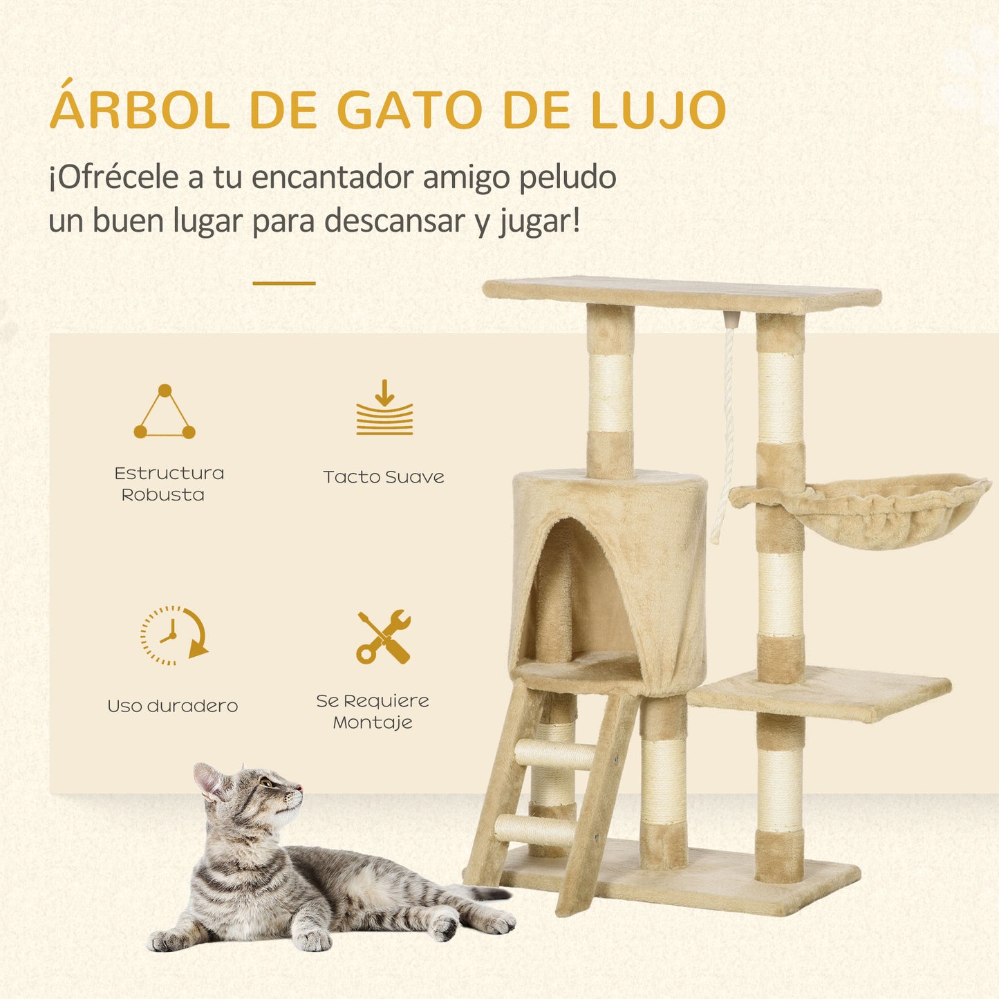 PawHut Árbol para gatos Rascador 55x30x95 cm con Nido Plataforma Caseta Escalera Cuerda de Juego Tablero de Madera y Cubierto de Felpa Marrón