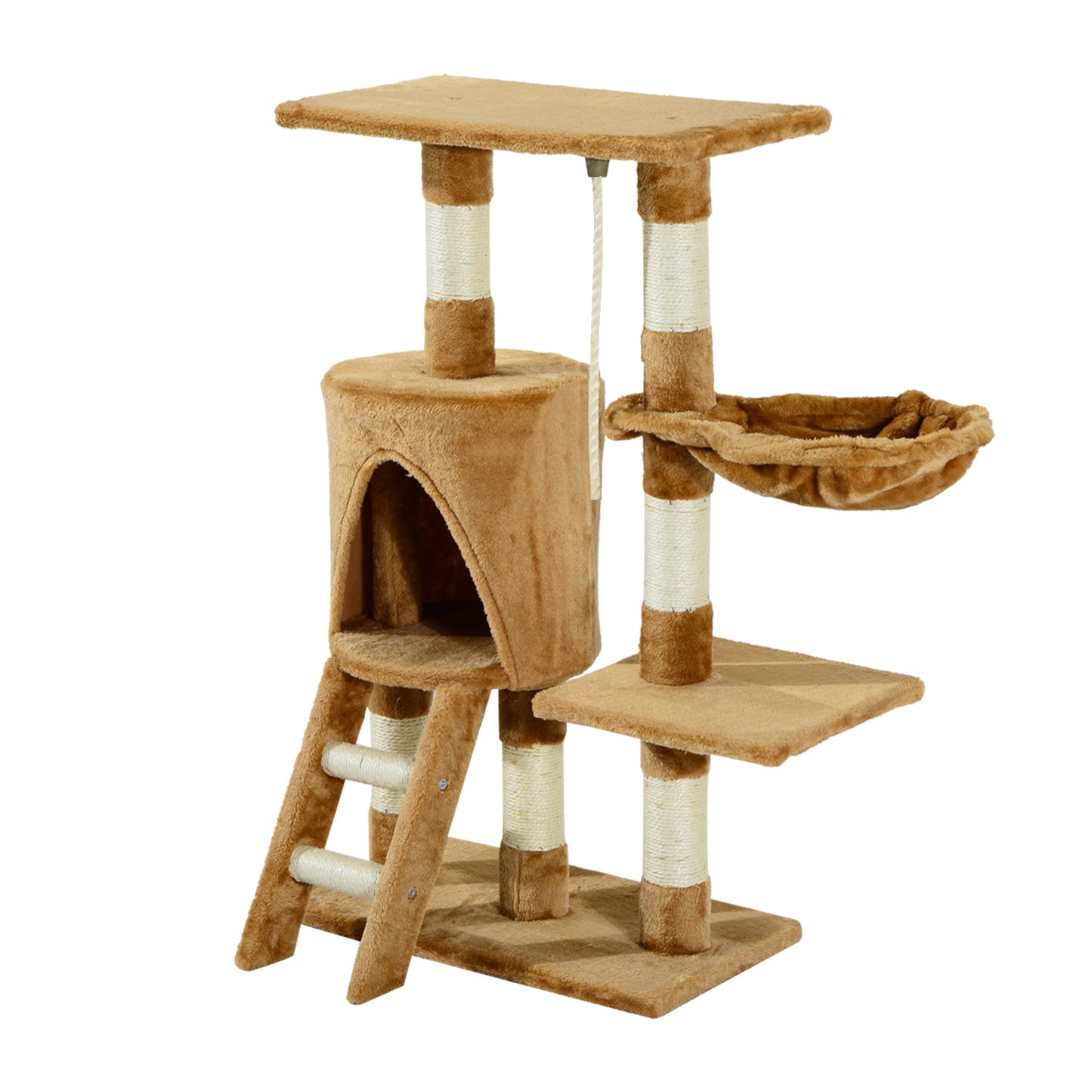 PawHut Árbol para gatos Rascador 55x30x95 cm con Nido Plataforma Caseta Escalera Cuerda de Juego Tablero de Madera y Cubierto de Felpa Marrón