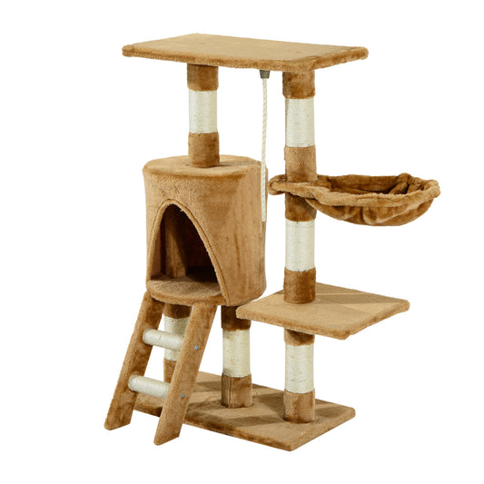 PawHut Árbol para gatos Rascador 55x30x95 cm con Nido Plataforma Caseta Escalera Cuerda de Juego Tablero de Madera y Cubierto de Felpa Marrón