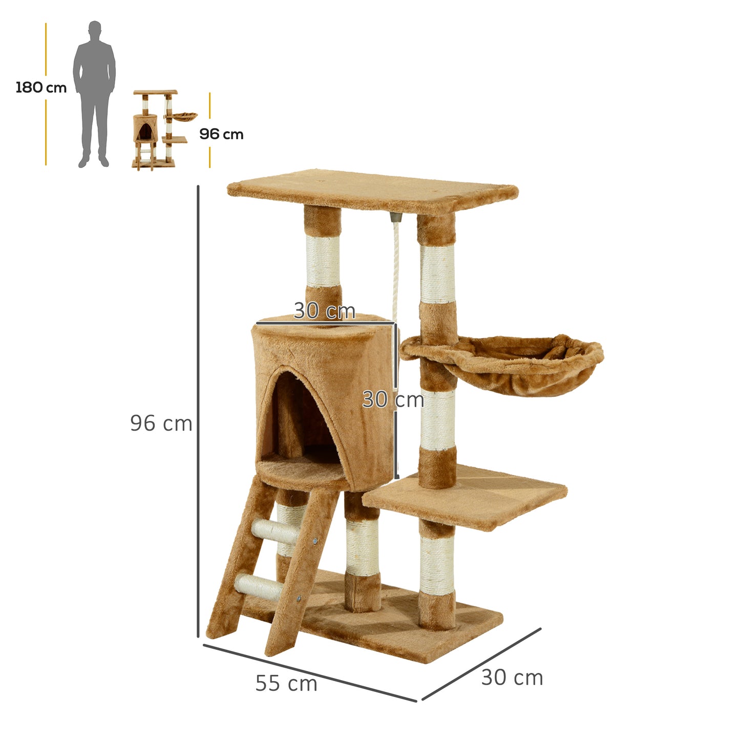 PawHut Árbol para gatos Rascador 55x30x95 cm con Nido Plataforma Caseta Escalera Cuerda de Juego Tablero de Madera y Cubierto de Felpa Marrón