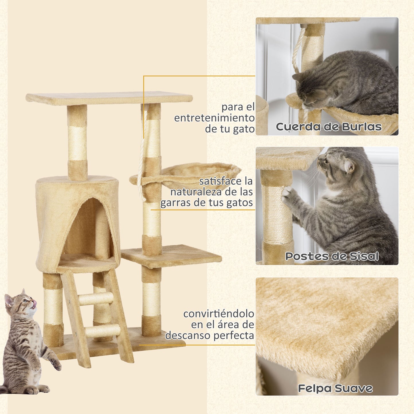 PawHut Árbol para gatos Rascador 55x30x95 cm con Nido Plataforma Caseta Escalera Cuerda de Juego Tablero de Madera y Cubierto de Felpa Marrón