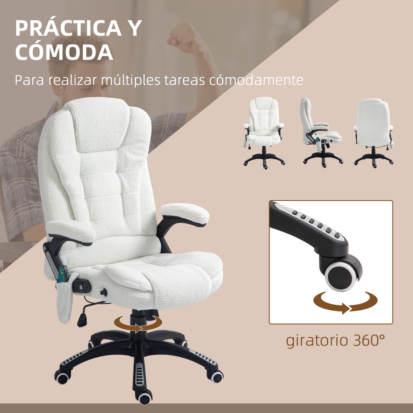 Vinsetto Silla de Masaje con 6 Puntos de Masaje Silla de Oficina Giratoria Silla de Escritorio con Función de Calefacción Altura Ajustable Control Remoto y Reposacabezas Tejido de Borreguillo Blanco