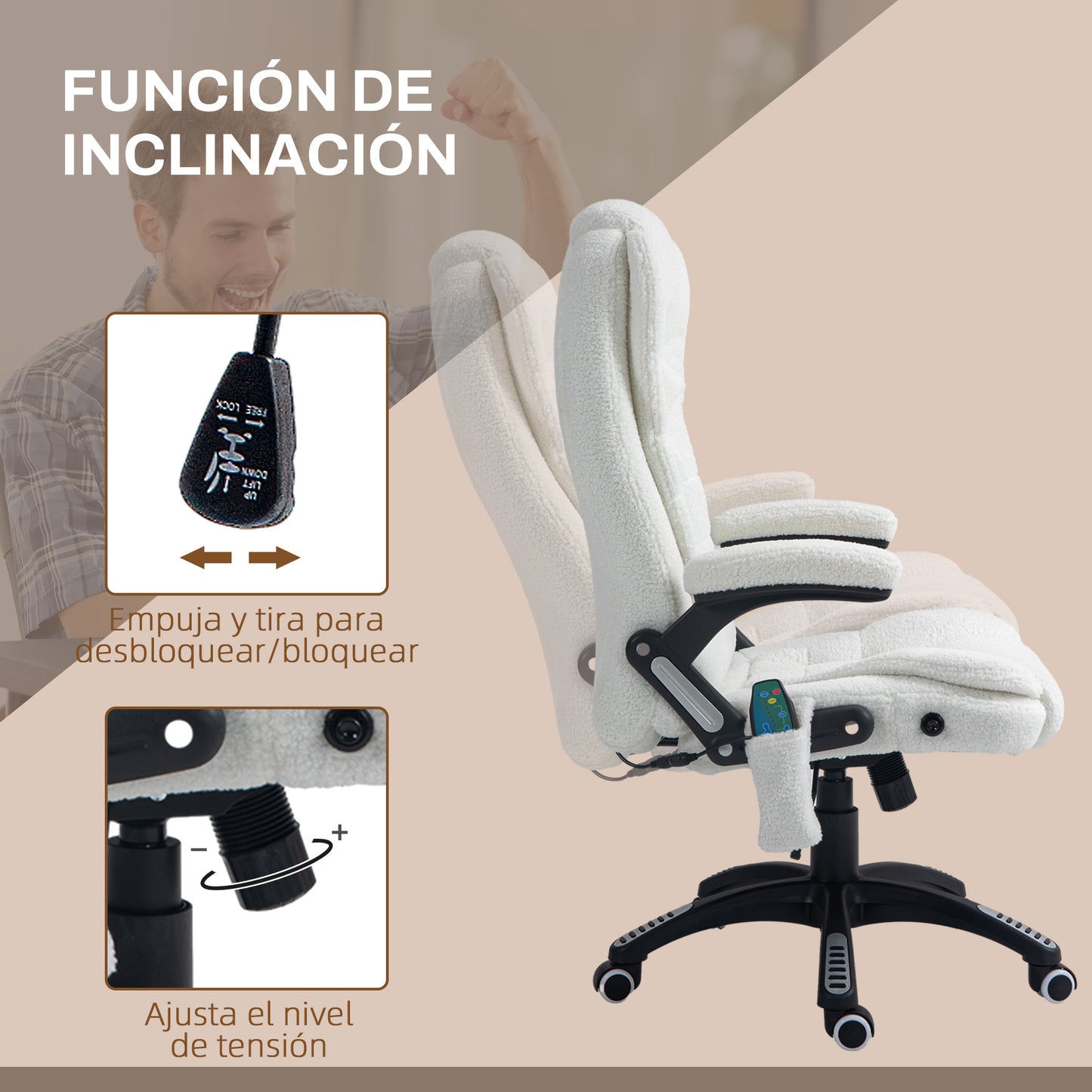 Vinsetto Silla de Masaje con 6 Puntos de Masaje Silla de Oficina Giratoria Silla de Escritorio con Función de Calefacción Altura Ajustable Control Remoto y Reposacabezas Tejido de Borreguillo Blanco