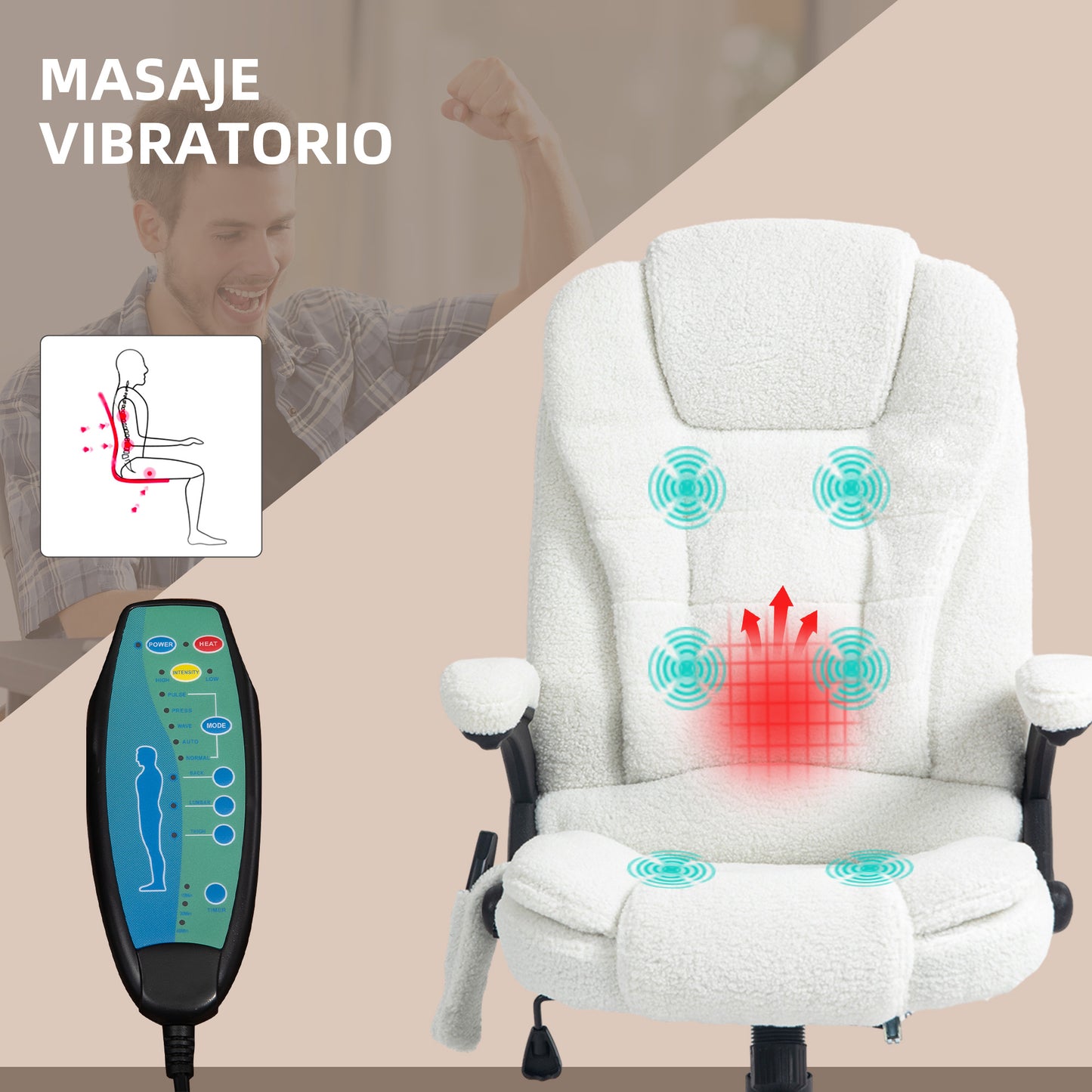 Vinsetto Silla de Masaje con 6 Puntos de Masaje Silla de Oficina Giratoria Silla de Escritorio con Función de Calefacción Altura Ajustable Control Remoto y Reposacabezas Tejido de Borreguillo Blanco