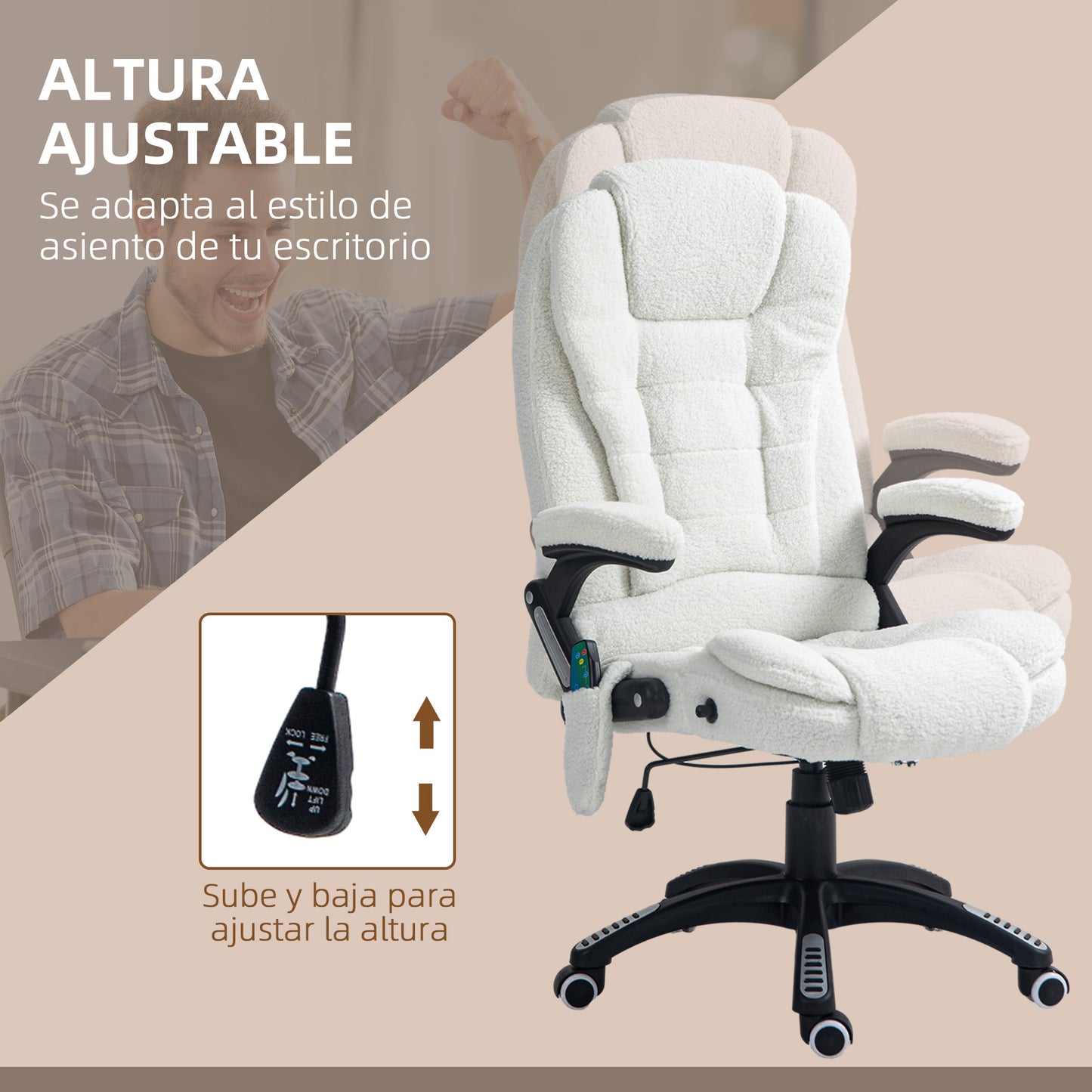 Vinsetto Silla de Masaje con 6 Puntos de Masaje Silla de Oficina Giratoria Silla de Escritorio con Función de Calefacción Altura Ajustable Control Remoto y Reposacabezas Tejido de Borreguillo Blanco