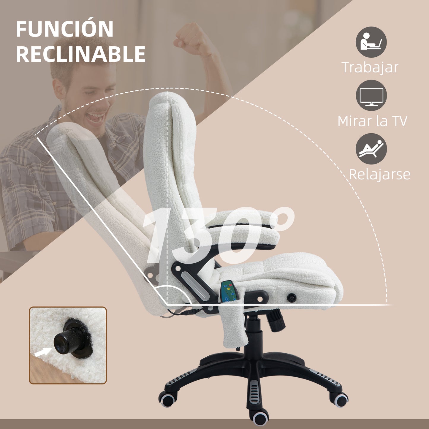 Vinsetto Silla de Masaje con 6 Puntos de Masaje Silla de Oficina Giratoria Silla de Escritorio con Función de Calefacción Altura Ajustable Control Remoto y Reposacabezas Tejido de Borreguillo Blanco