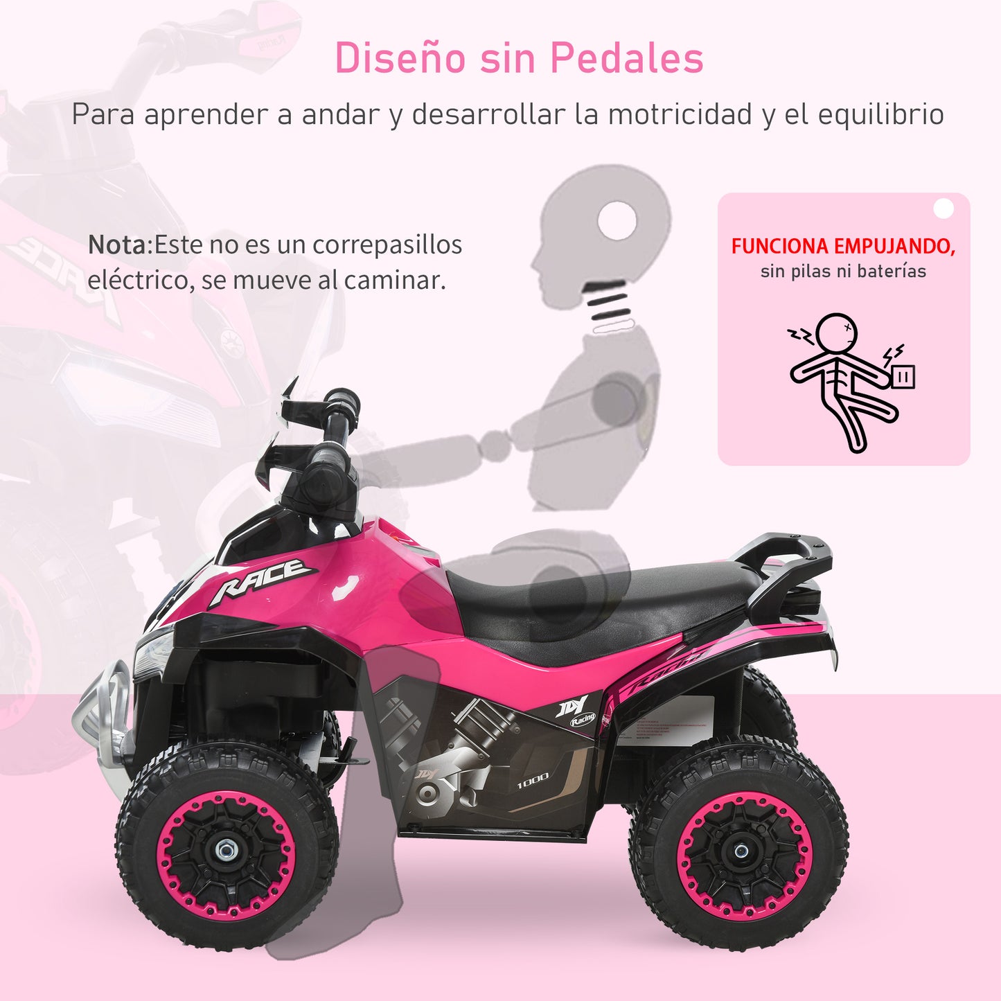 HOMCOM Quad Moto Correpasillo para Niños de 18-36 Meses con Función de Luces y Música Diseño Novedoso Soporta hasta 20 kg 67,5x38x44 cm Rosa