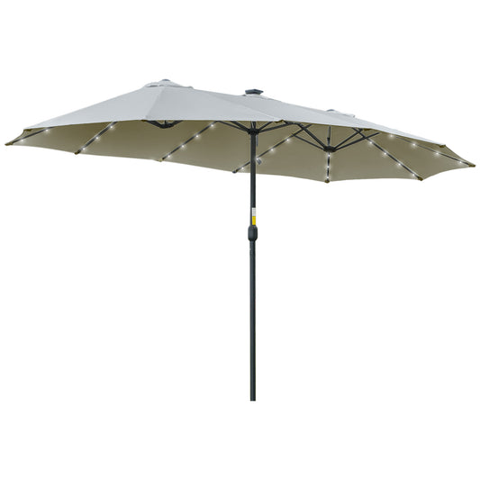 Outsunny Sombrilla Doble de Jardín con 48 Luces LED Solar 450x265x240 cm Parasol para Patio con Manivela Protección Solar para Terraza Balcón Piscina Gris Claro