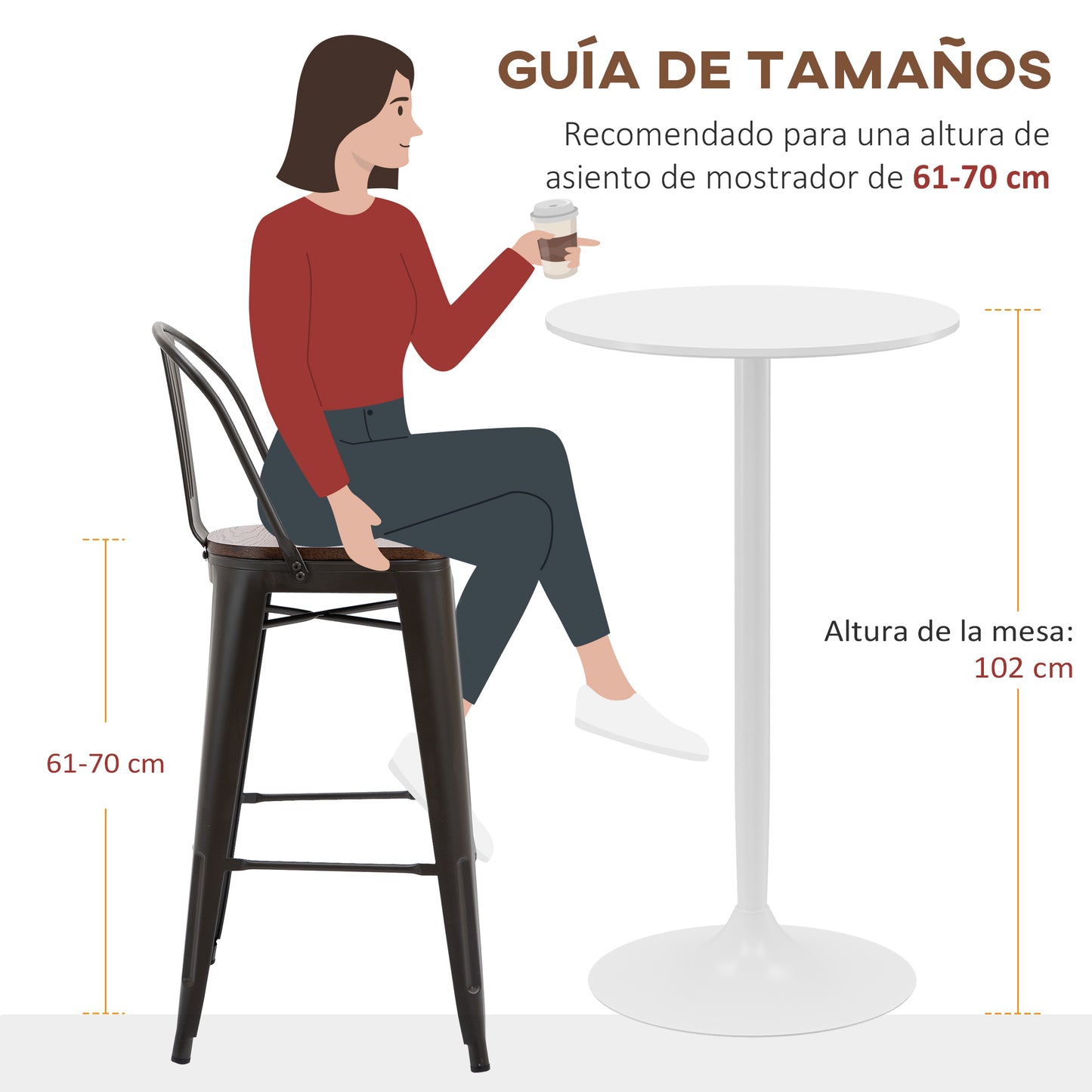 HOMCOM Mesa de Bar Redonda Mesa Alta de Cocina Moderna con Encimera Laminada y Marco de Acero para 2 Personas para Casa Comedor Ø60x102 cm Blanco