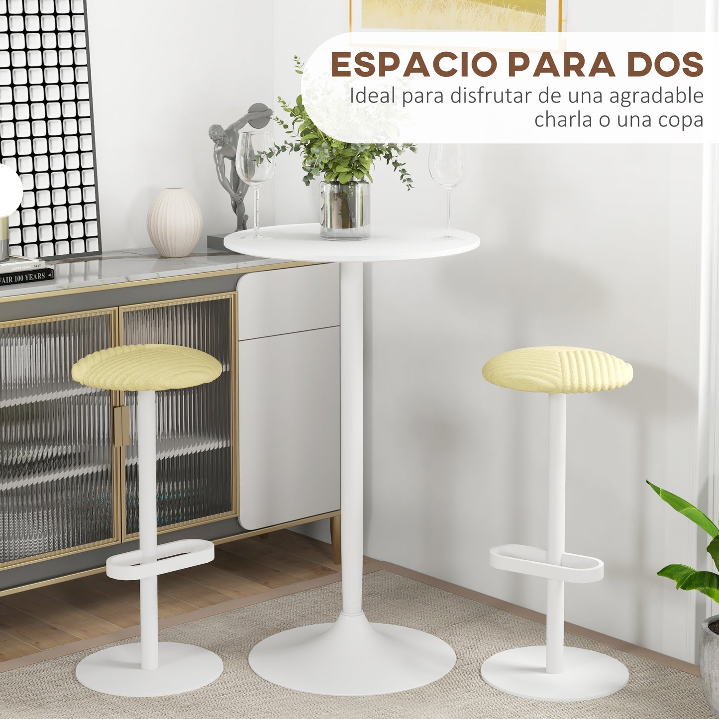 HOMCOM Mesa de Bar Redonda Mesa Alta de Cocina Moderna con Encimera Laminada y Marco de Acero para 2 Personas para Casa Comedor Ø60x102 cm Blanco