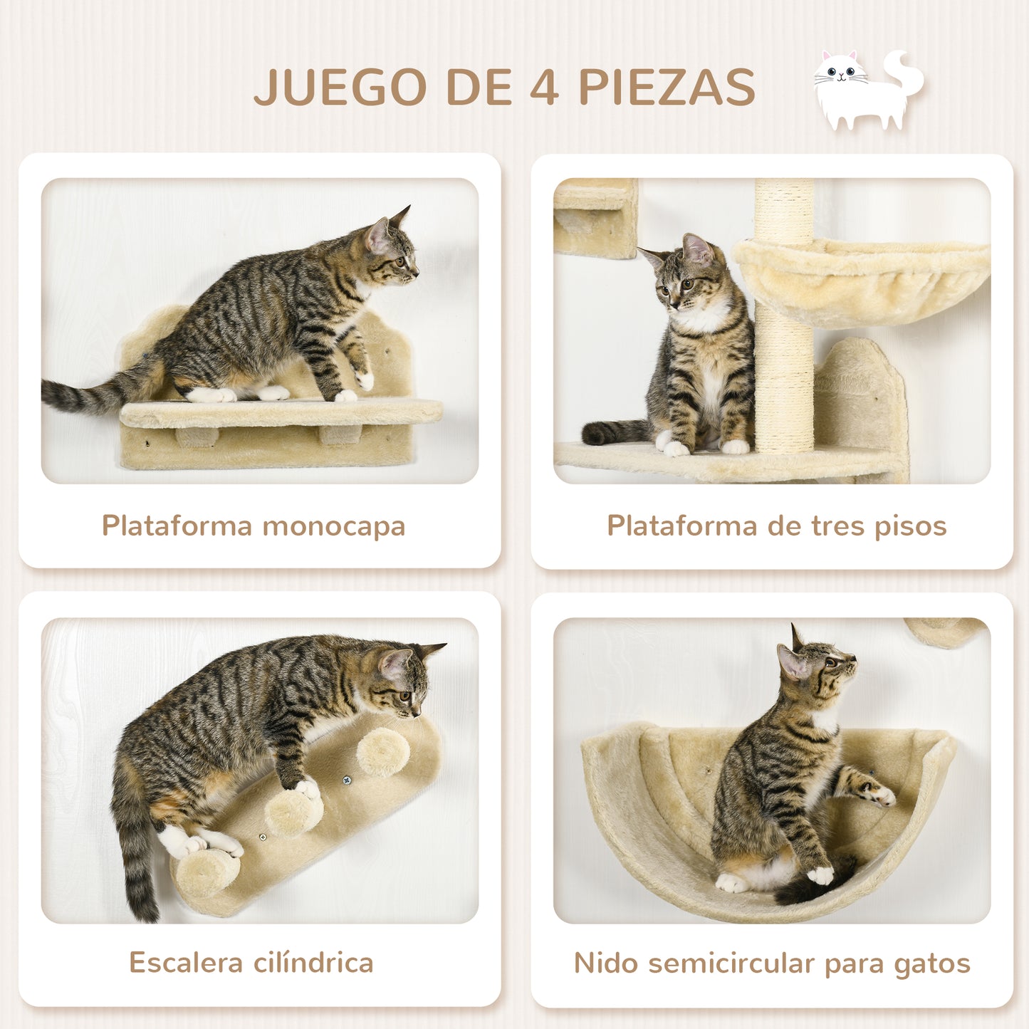 PawHut Estante de Escalada para Gatos de Pared Juego de Estantes para Gatos 4 Piezas con Hamaca Nido Rascador Plataformas para Saltar y Poste de Sisal Beige