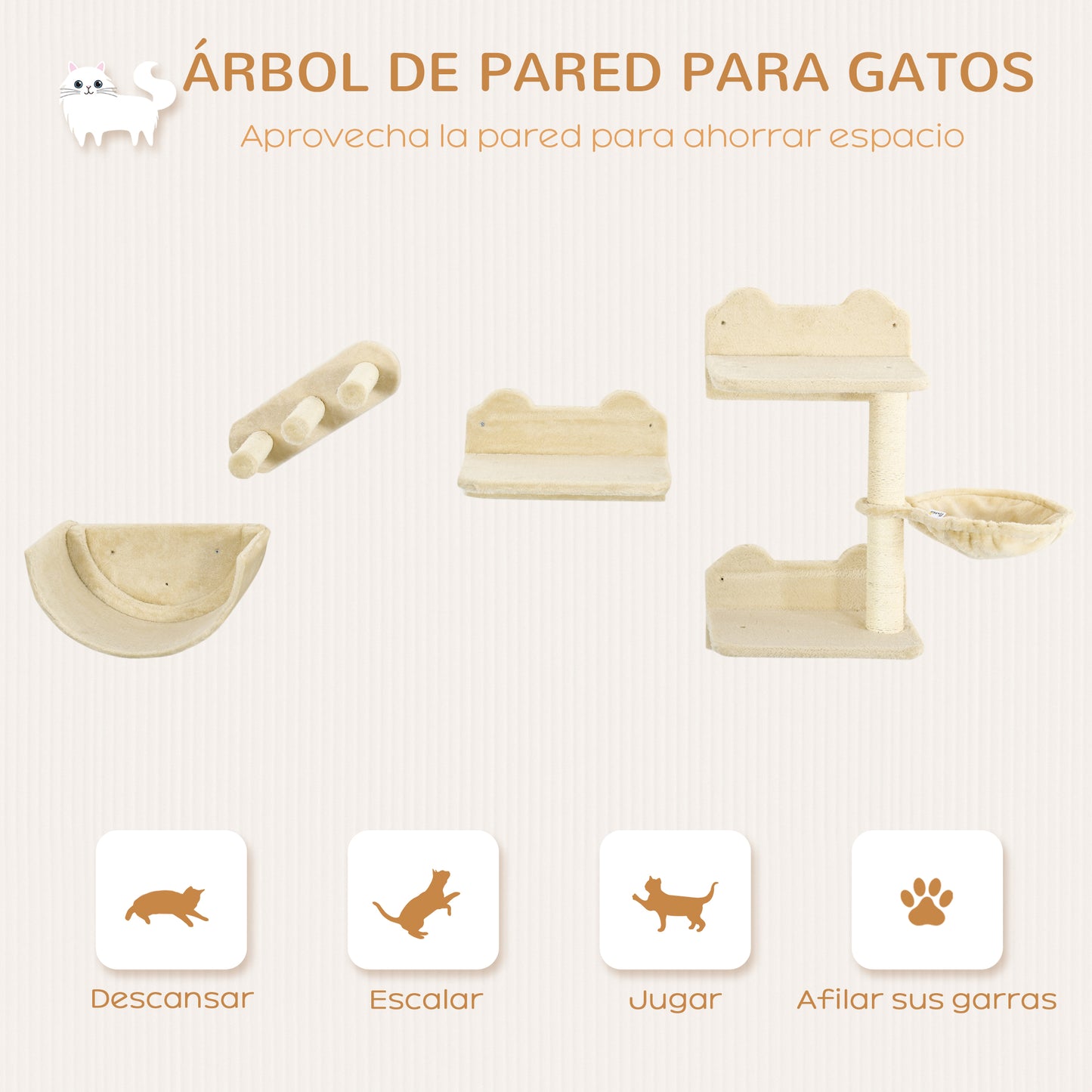 PawHut Estante de Escalada para Gatos de Pared Juego de Estantes para Gatos 4 Piezas con Hamaca Nido Rascador Plataformas para Saltar y Poste de Sisal Beige