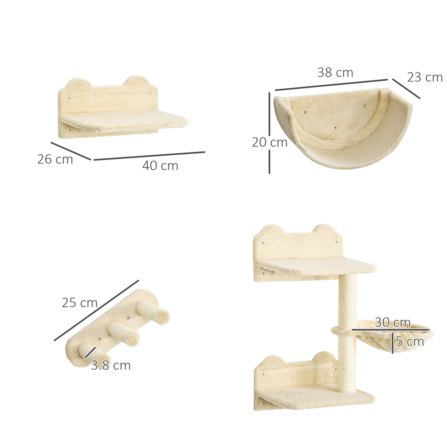 PawHut Estante de Escalada para Gatos de Pared Juego de Estantes para Gatos 4 Piezas con Hamaca Nido Rascador Plataformas para Saltar y Poste de Sisal Beige