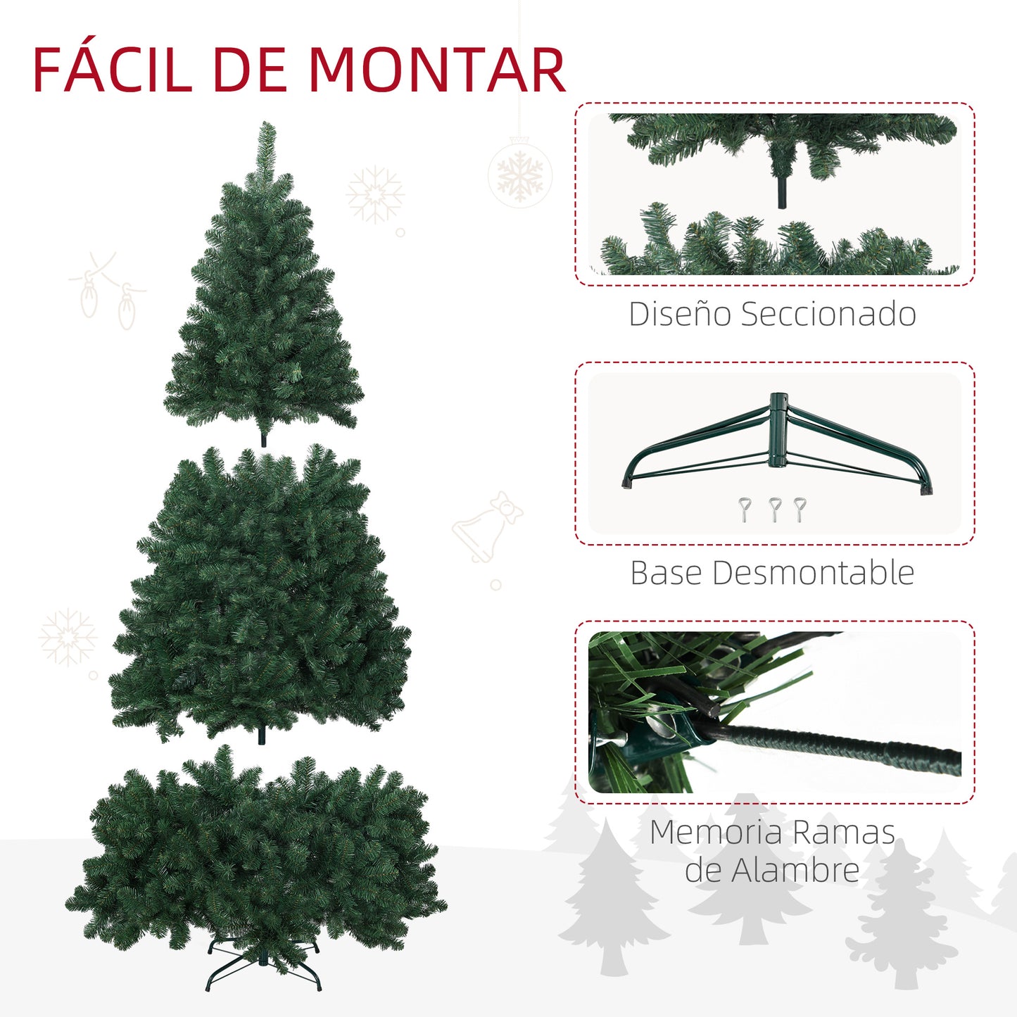 HOMCOM Árbol de Navidad 210 cm Árbol de Navidad Artificial con 1064 Ramas de Alambre de Memoria y Base Plegable Árbol de Navideño para Salón Verde