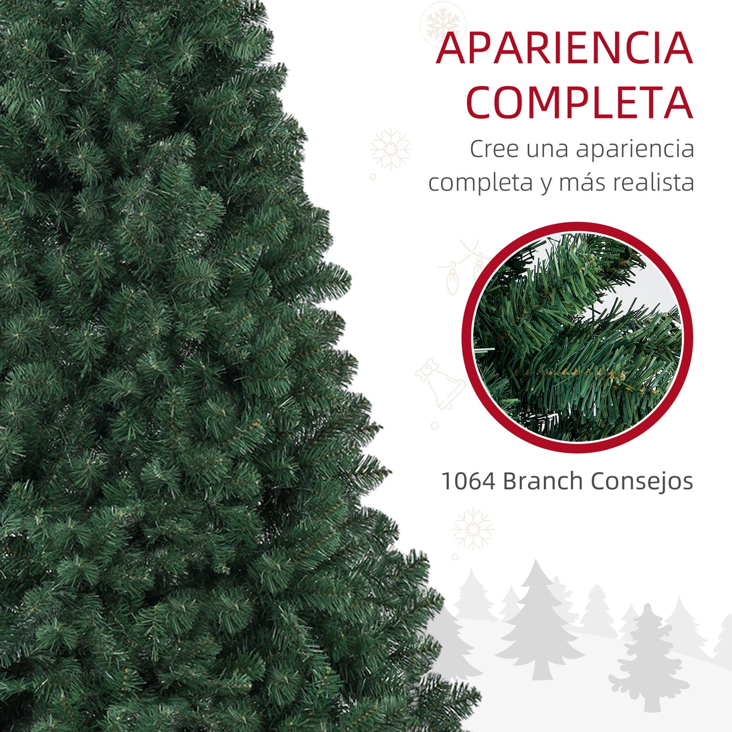 HOMCOM Árbol de Navidad 210 cm Árbol de Navidad Artificial con 1064 Ramas de Alambre de Memoria y Base Plegable Árbol de Navideño para Salón Verde