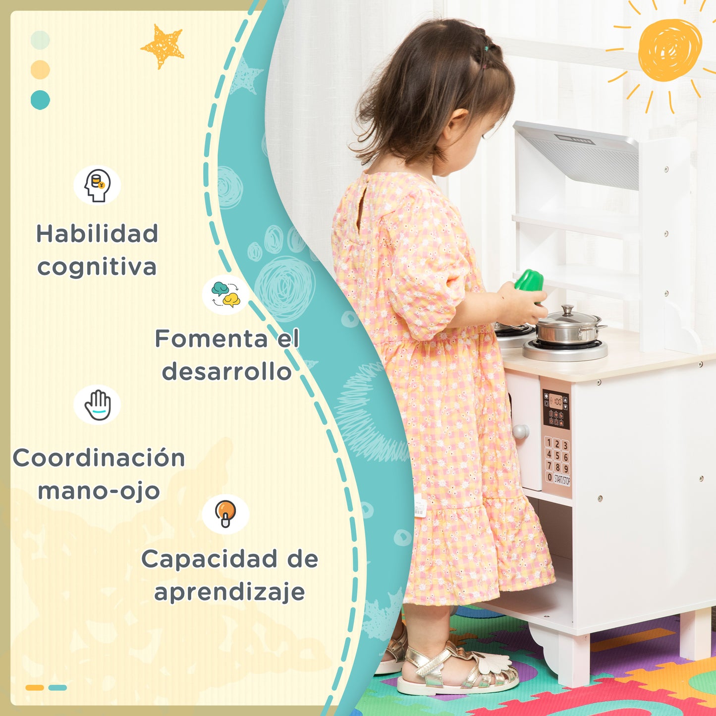 HOMCOM Cocina de Juguete de Madera para Niños de +3 Años Cocinita Infantil con Cesta de Almacenaje Accesorios Utensilios Estufa y Microondas 42x29x76 cm Blanco