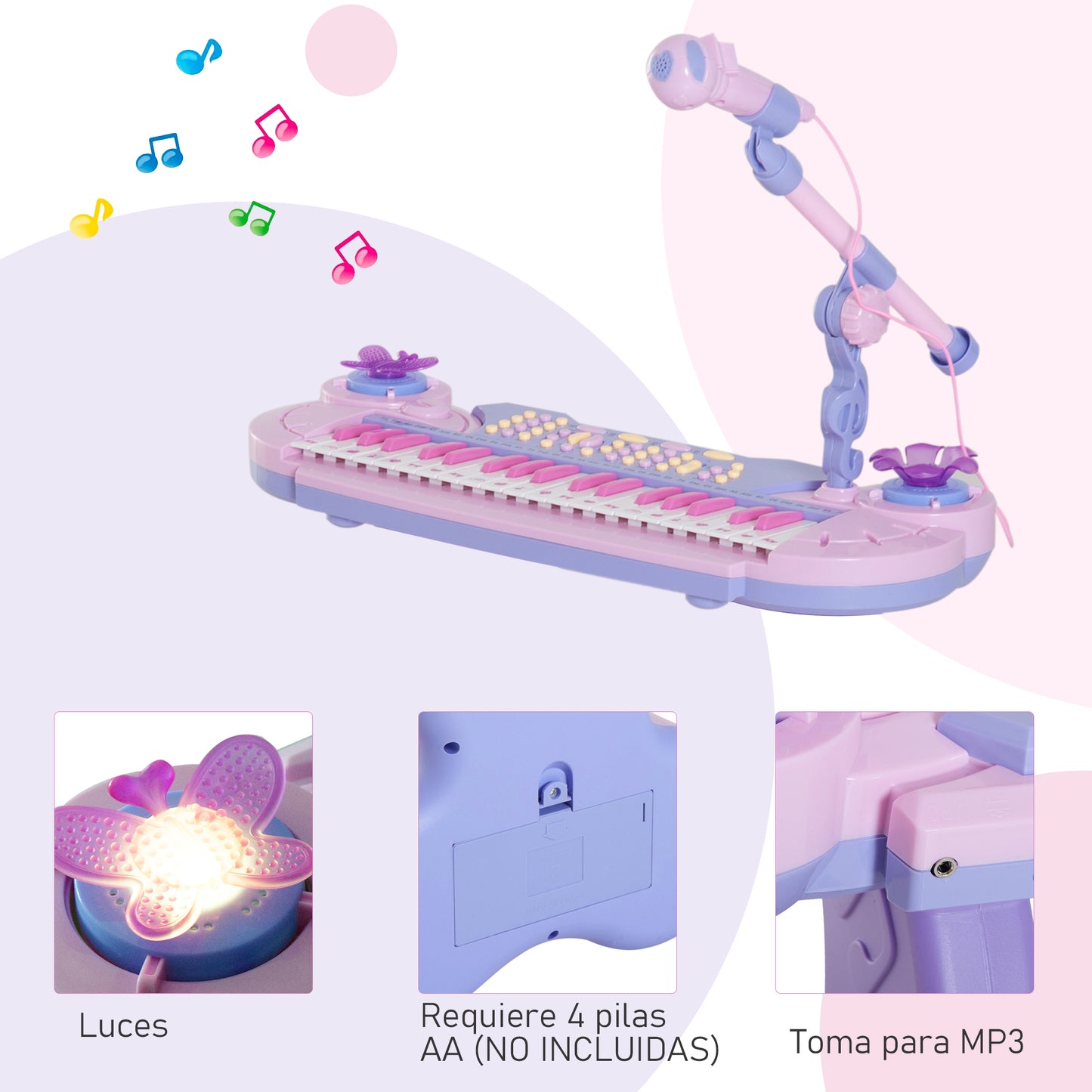 HOMCOM Piano Infantil 37 Teclas Teclado Electrónico Juego de Piano Regalo Juguete Educativo para Niños +3 Años con Micrófono Taburete Luces y 22 Canciones USB/MP3 Karaoke Rosa