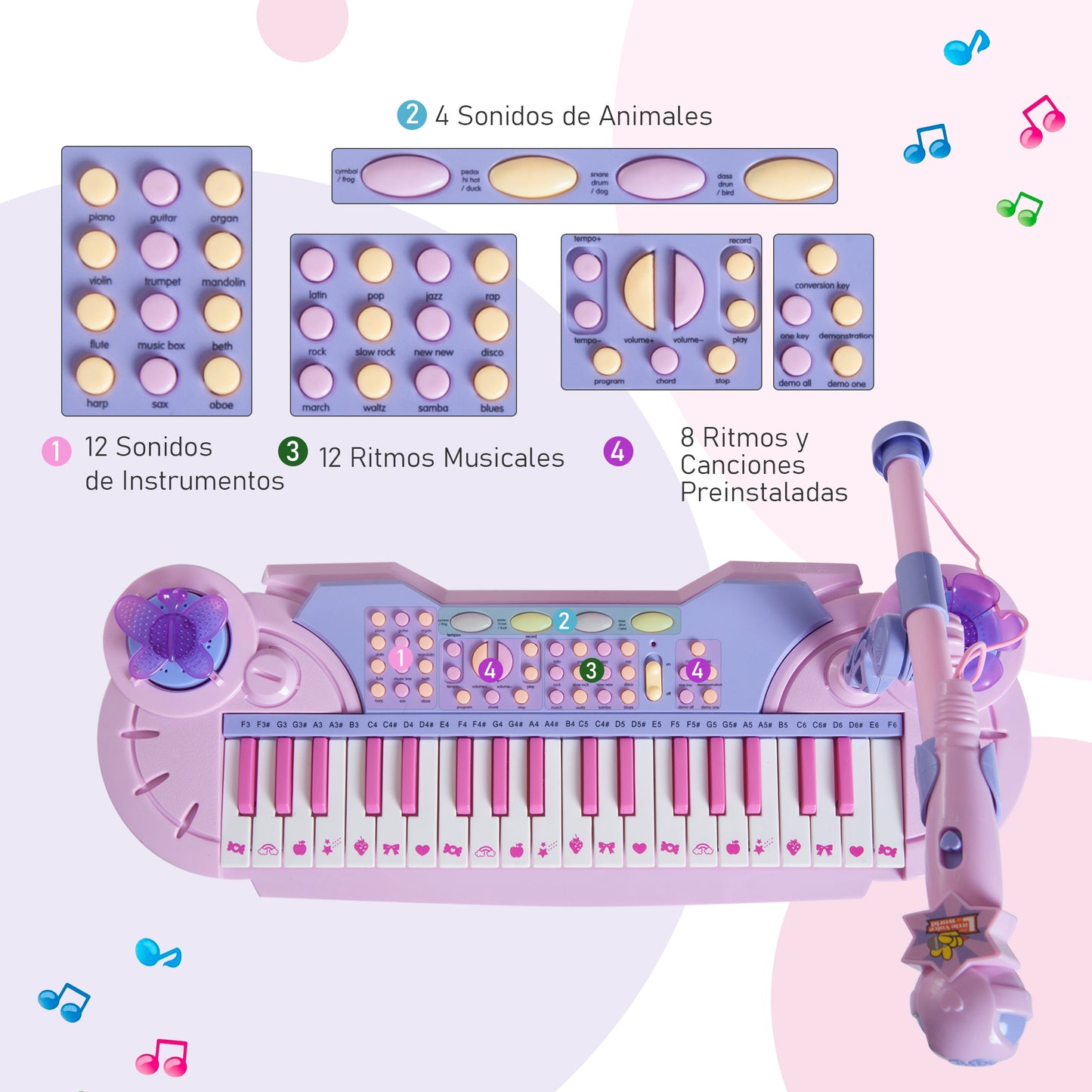 HOMCOM Piano Infantil 37 Teclas Teclado Electrónico Juego de Piano Regalo Juguete Educativo para Niños +3 Años con Micrófono Taburete Luces y 22 Canciones USB/MP3 Karaoke Rosa