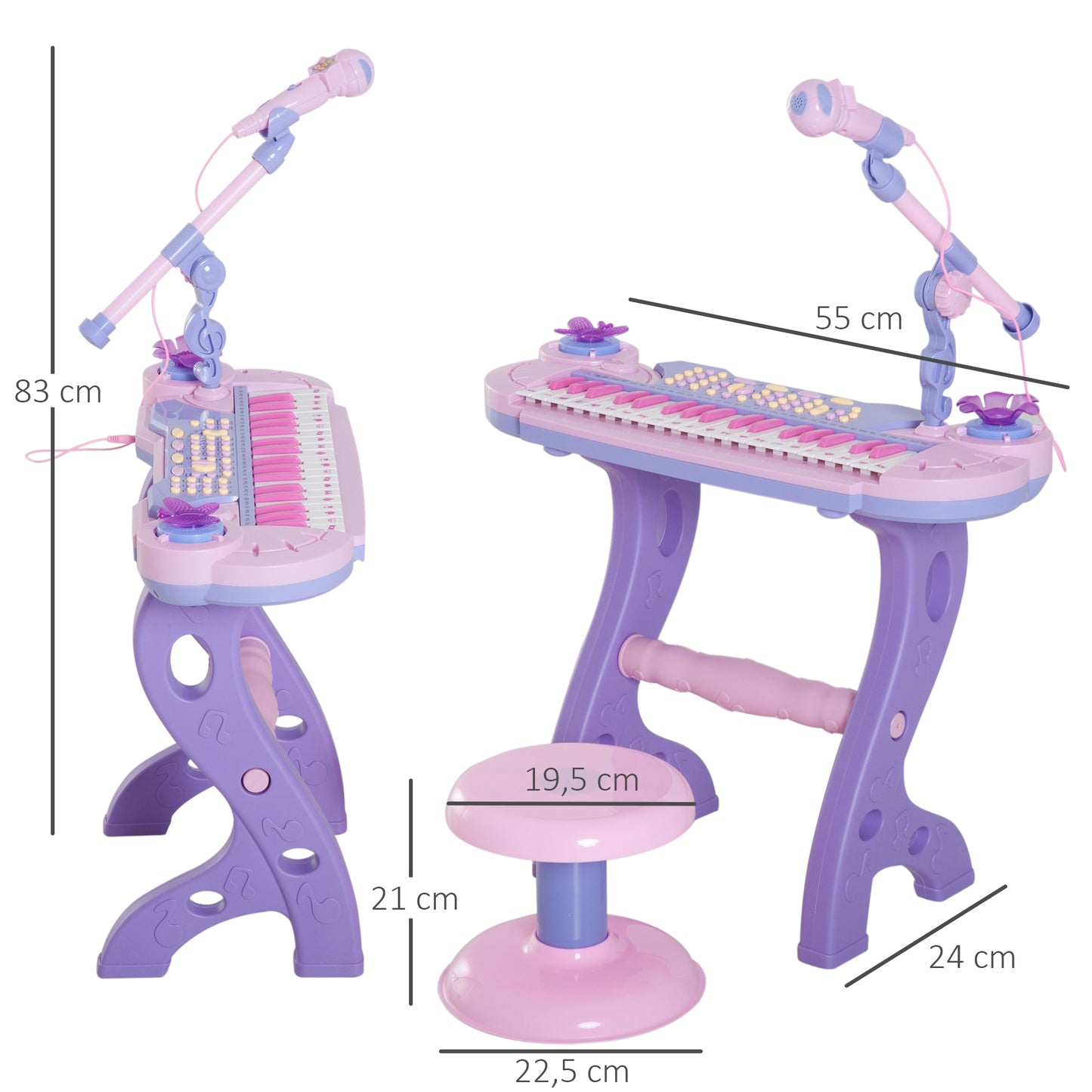 HOMCOM Piano Infantil 37 Teclas Teclado Electrónico Juego de Piano Regalo Juguete Educativo para Niños +3 Años con Micrófono Taburete Luces y 22 Canciones USB/MP3 Karaoke Rosa