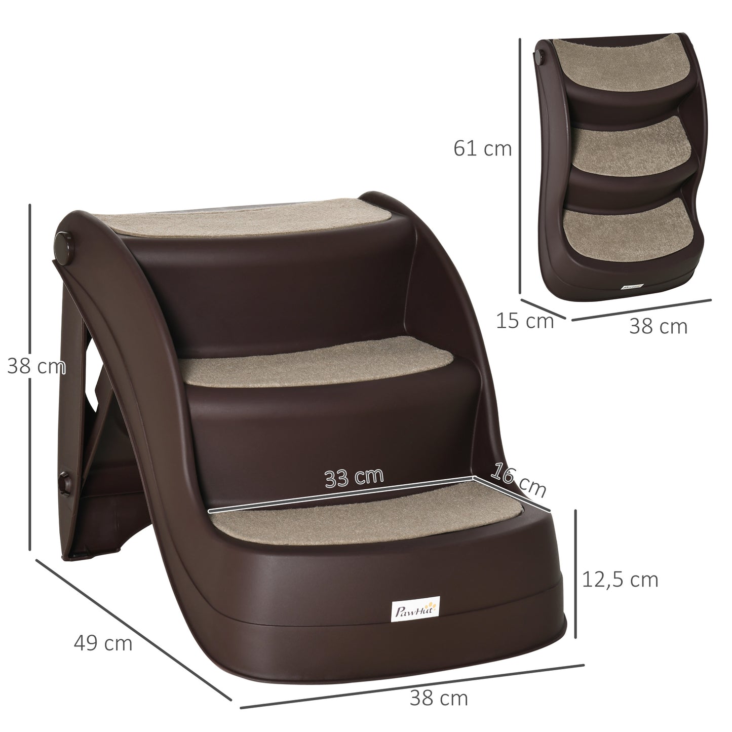 PawHut Escalera para Perros de 3 Peldaños Plegable Escalón de Plástica para Mascotas con Alfombras Antideslizantes para Cama Sofá Carga 15 kg 49x38x38 cm Marrón