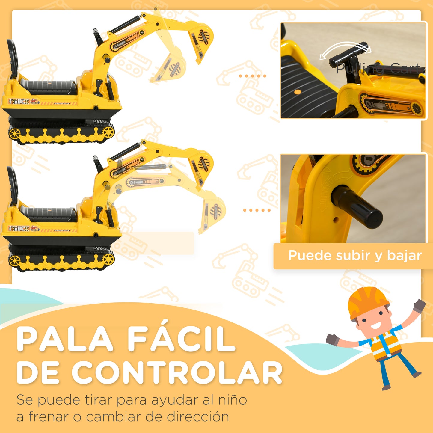 HOMCOM Excavadora sin Pedales para Niños de 18-48 Meses Excavadora Correpasillos Camión de Construcción con Asiento de Almacenamiento Pala Delantera y Bocina Carga 30 kg 78x24x58,5 cm Amarillo