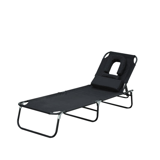 Outsunny Tumbona Plegable Tumbona de Jardín con Respaldo Ajustable en 4 Niveles Almohada Orificio de Lectura y Marco de Acero para Camping Playa Terraza 190x56x28 cm Negro