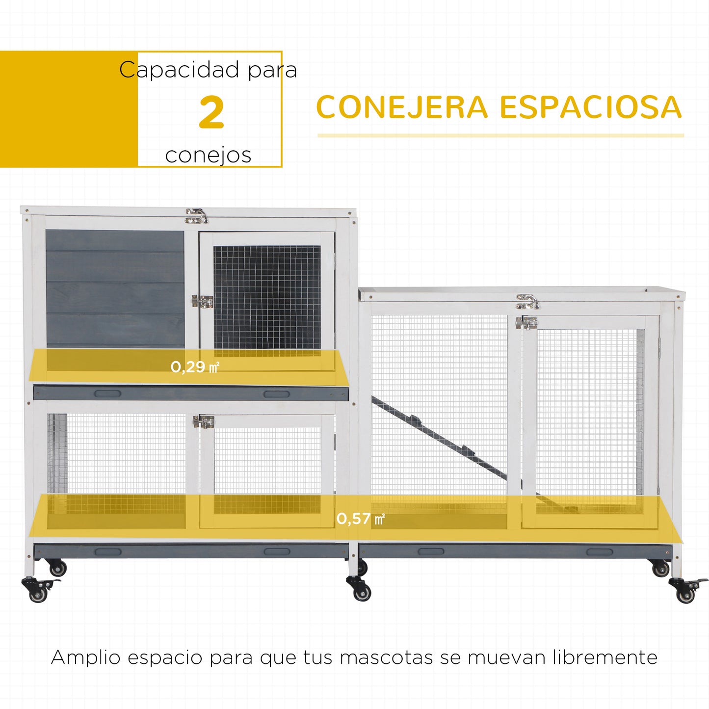 PawHut Conejera de Madera con Ruedas 147x45,5x88,5 cm Jaula para Conejos de 2 Niveles con Techo Abrible 2 Corrales de Metal 3 Bandejas Extraíbles 3 Puertas con Pestillo y Rampa Gris