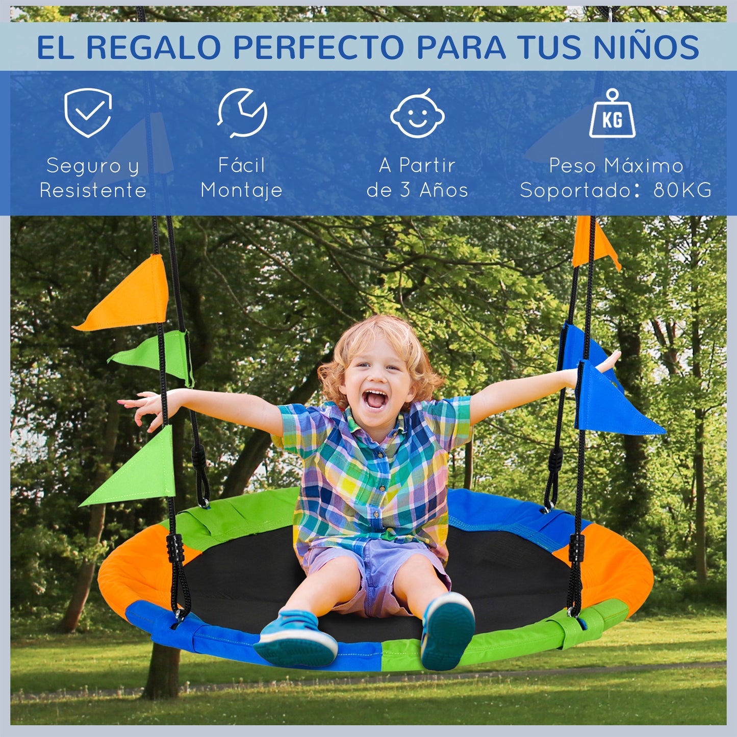 Outsunny Columpio de Jardín Nido Ø100x120-180 cm Altura Ajustable con Cuerdas y Banderas para Niños y Adultos Carga 80 kg Interior y Exterior Multicolor