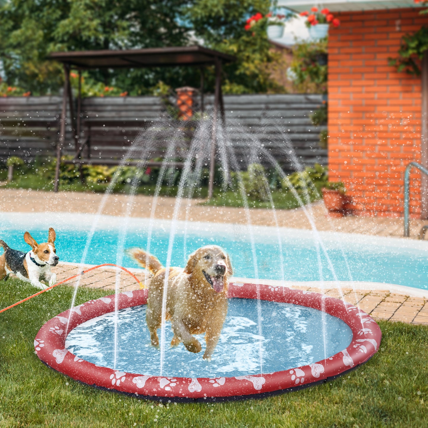 PawHut Splash Pad para Mascotas Tapete de Juegos de Agua Redondo Ø170 cm Almohadilla de Aspersor con Bonito Estampado y Superficie Antideslizante para Perros y Niños Rojo y Azul